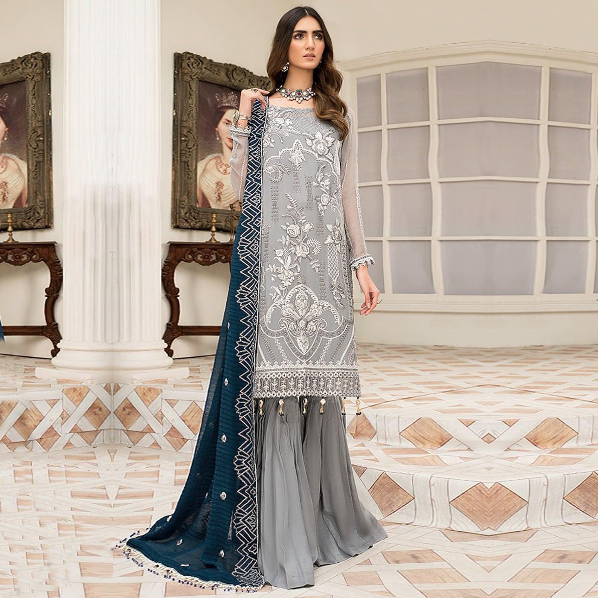 Grey Embroidered With Embellished Georgette Pakistani Suit - Peachmode