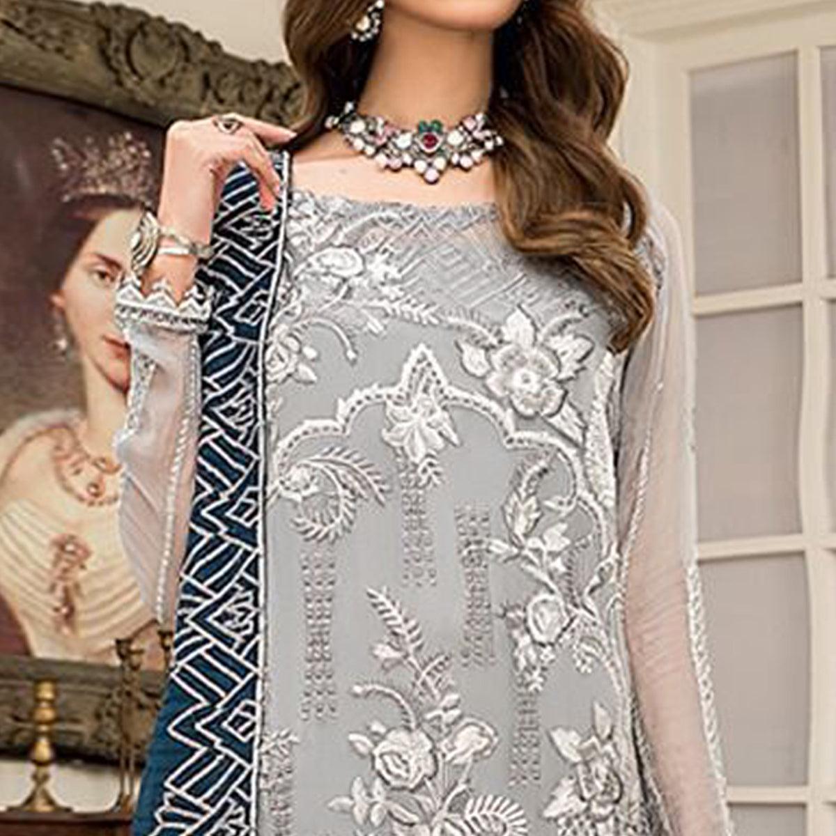 Grey Embroidered With Embellished Georgette Pakistani Suit - Peachmode