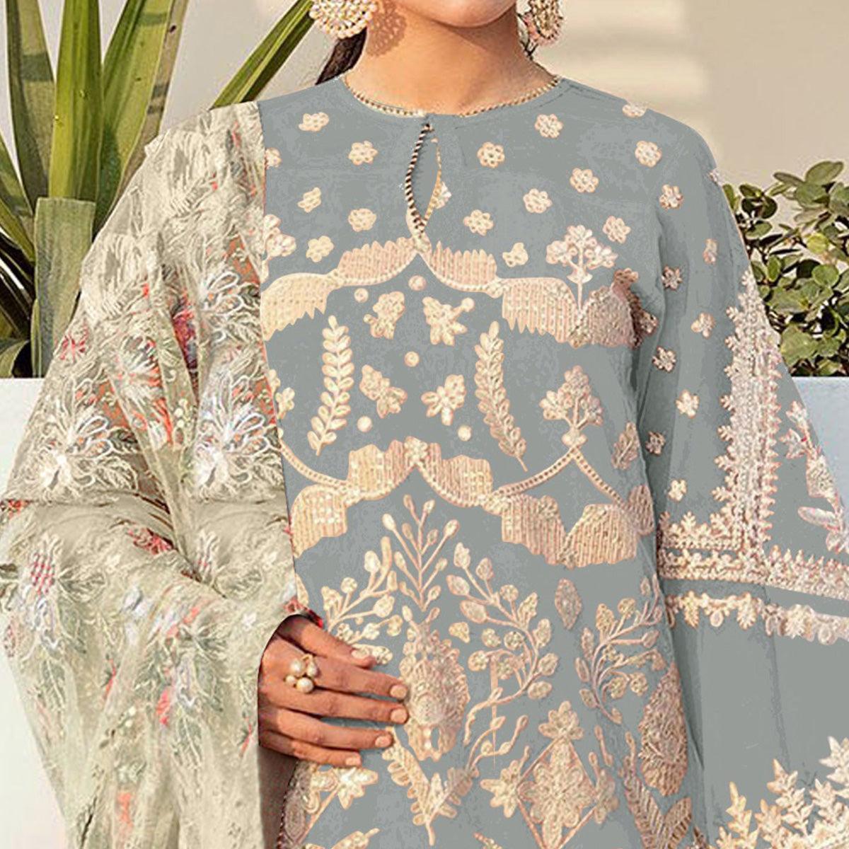 Grey Embroidered With Embellished Georgette Pakistani Suit - Peachmode