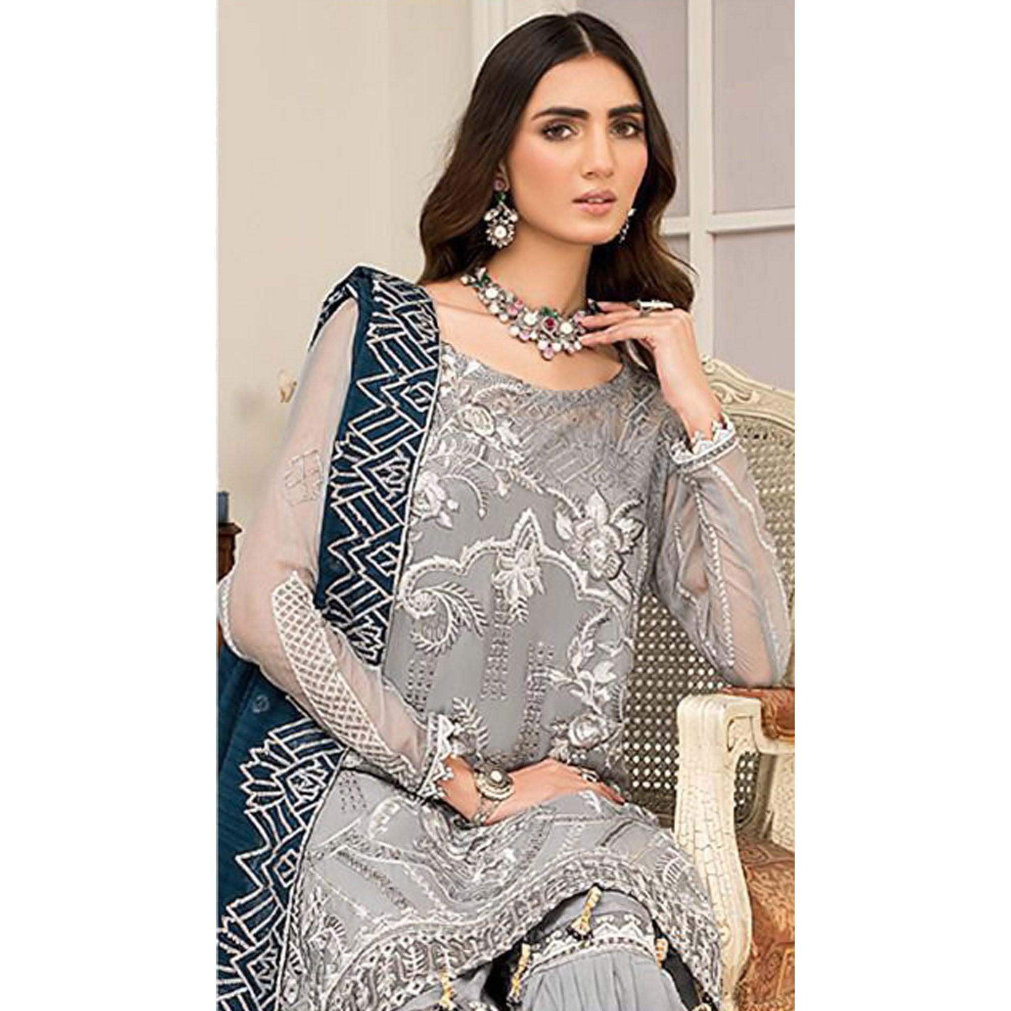Grey Embroidered With Embellished Georgette Pakistani Suit - Peachmode