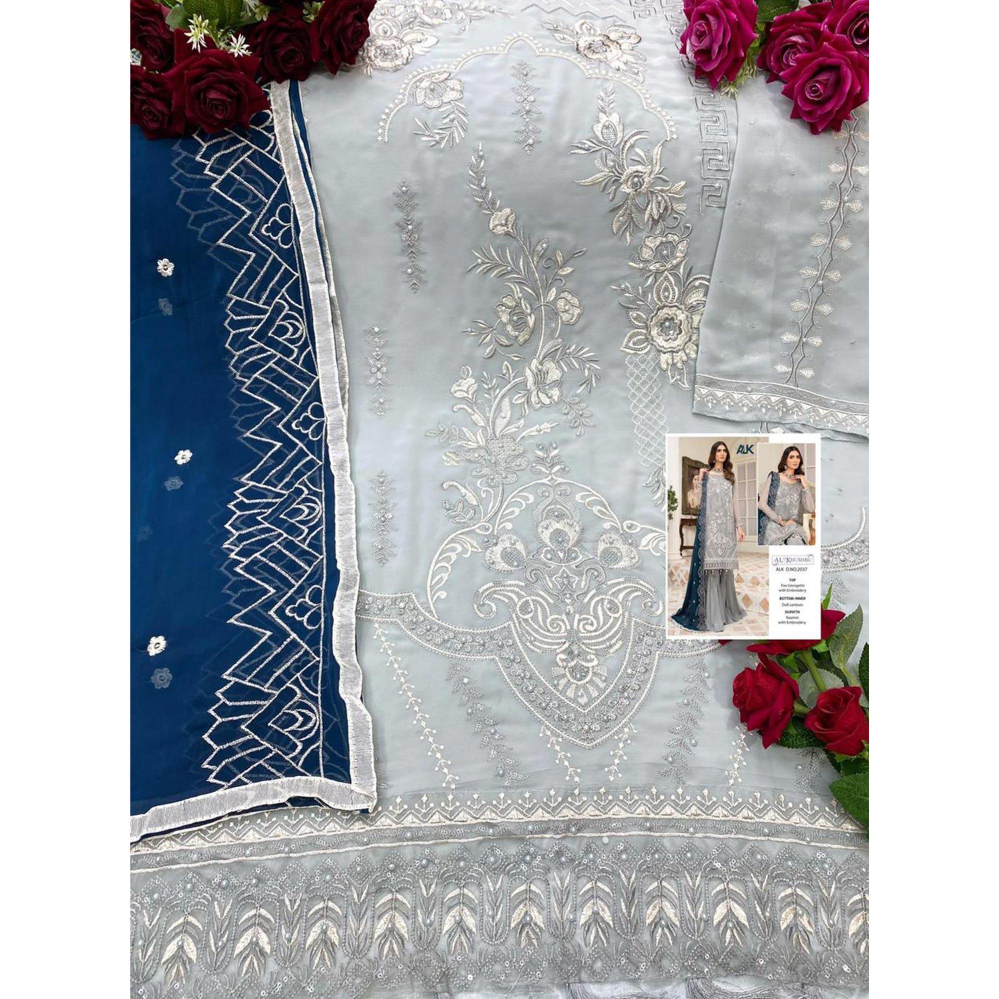 Grey Embroidered With Embellished Georgette Pakistani Suit - Peachmode