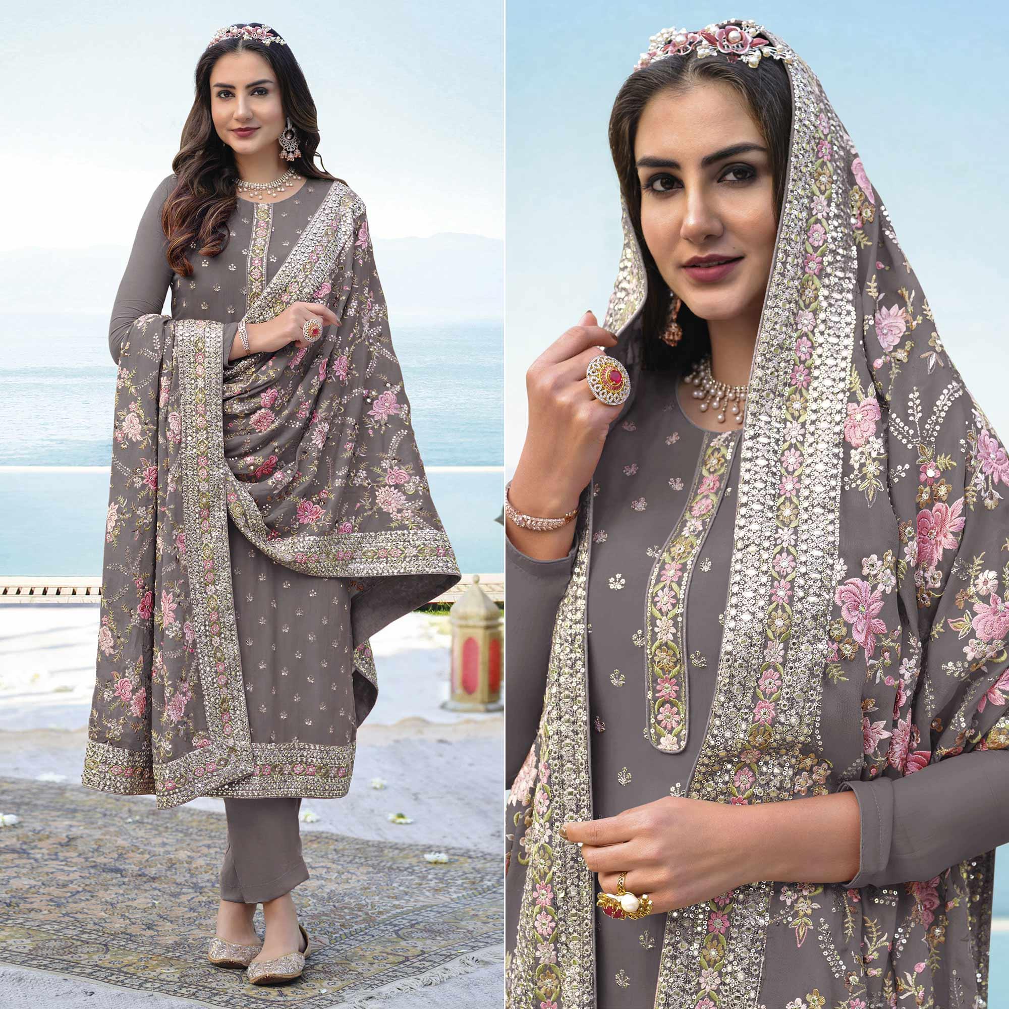Grey Embroidered With Embellished Georgette Salwar Suit - Peachmode