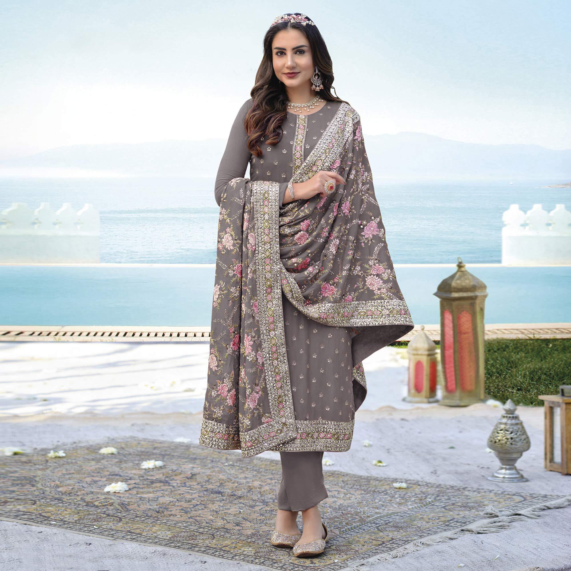 Grey Embroidered With Embellished Georgette Salwar Suit - Peachmode
