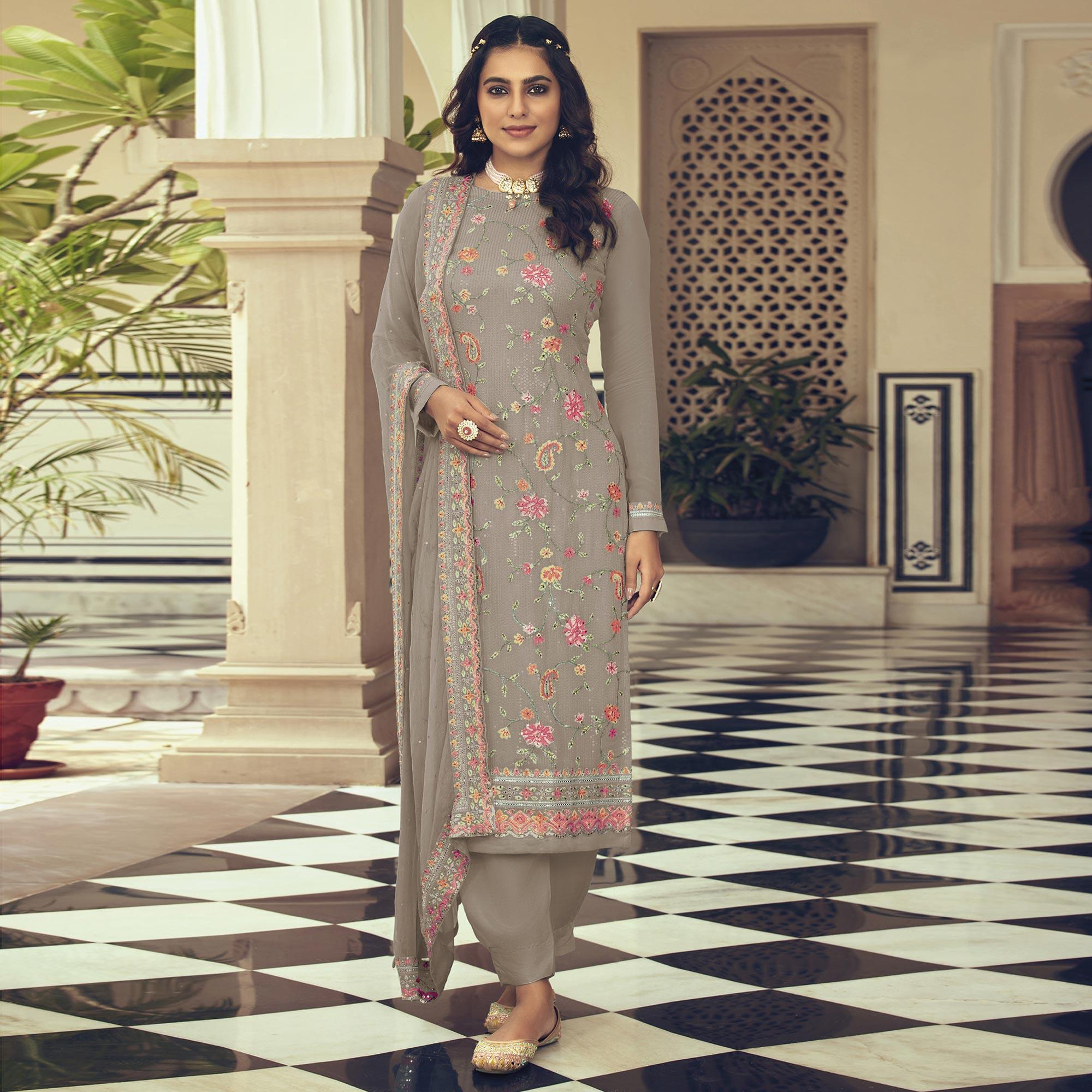 Grey Embroidered With Embellished Georgette Salwar Suit - Peachmode