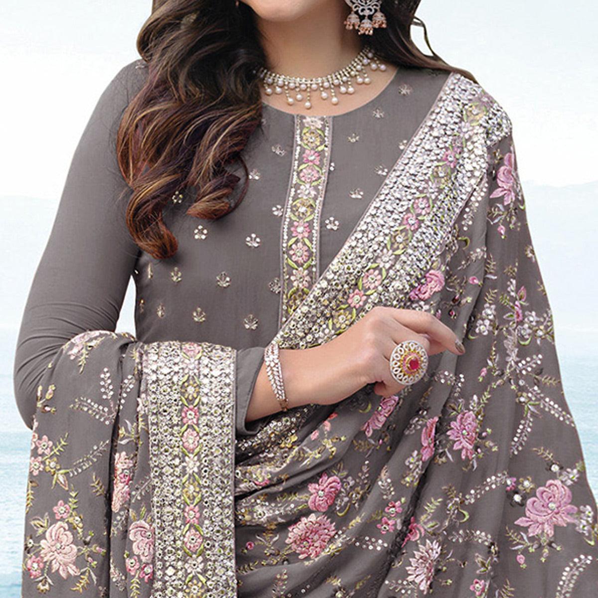 Grey Embroidered With Embellished Georgette Salwar Suit - Peachmode