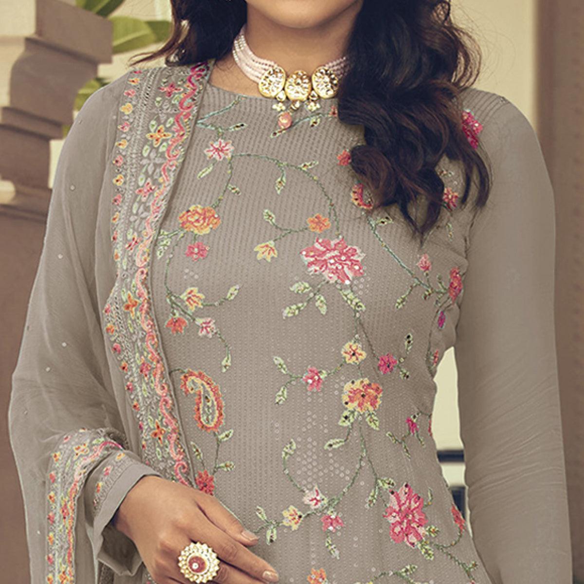 Grey Embroidered With Embellished Georgette Salwar Suit - Peachmode