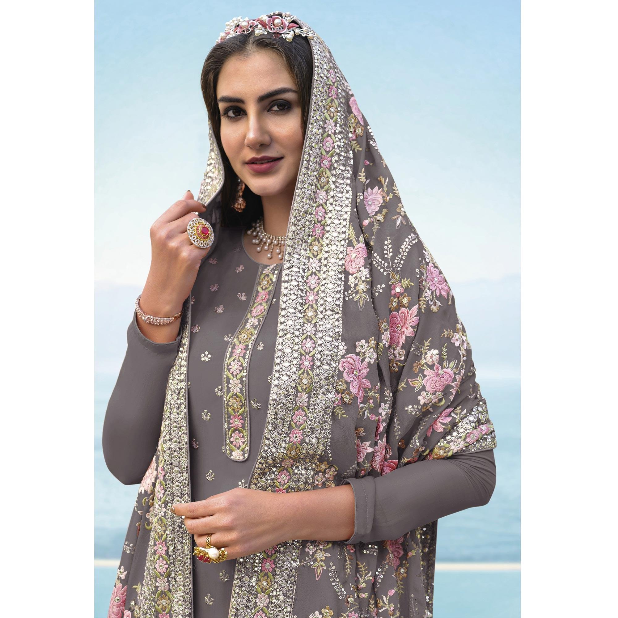 Grey Embroidered With Embellished Georgette Salwar Suit - Peachmode