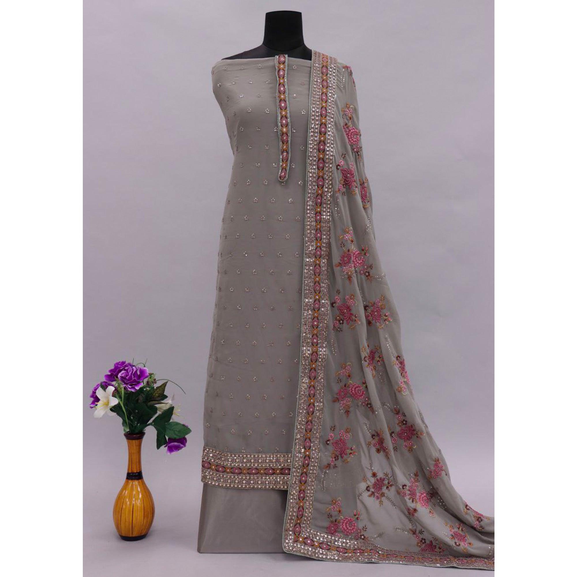 Grey Embroidered With Embellished Georgette Salwar Suit - Peachmode