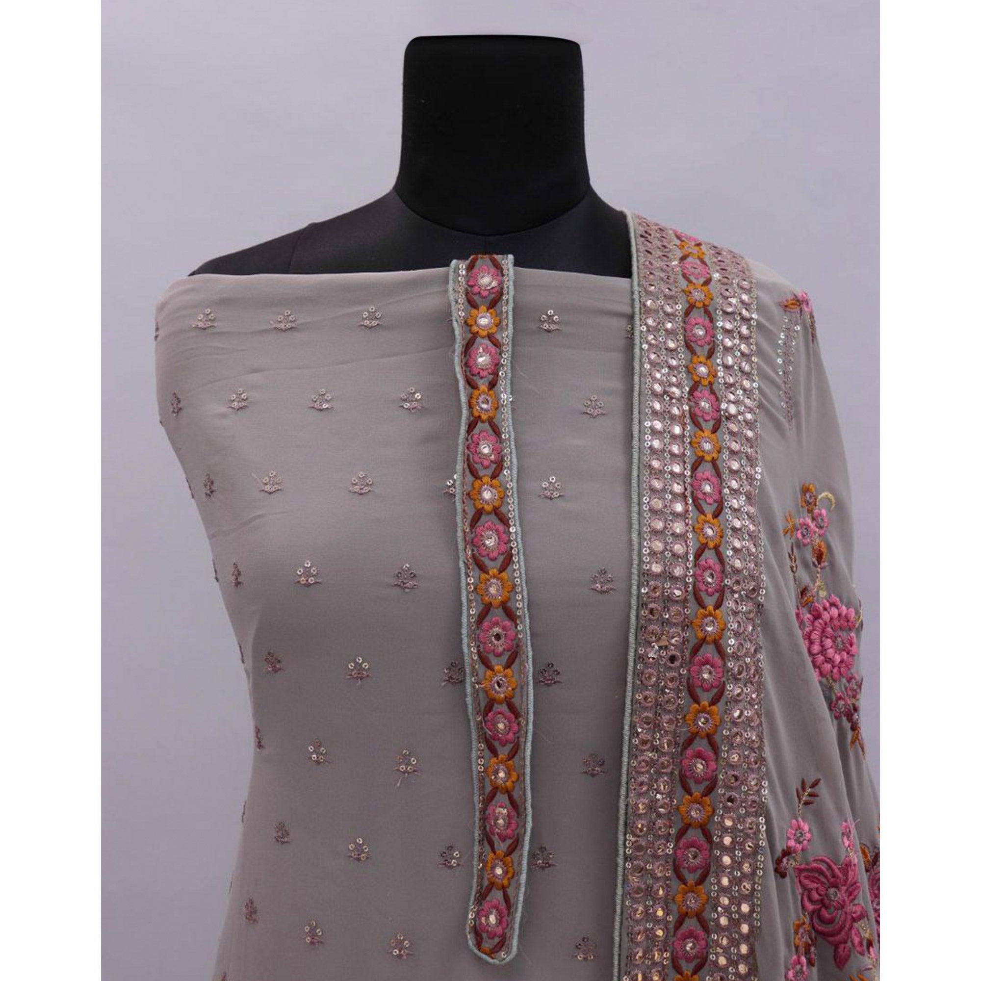 Grey Embroidered With Embellished Georgette Salwar Suit - Peachmode
