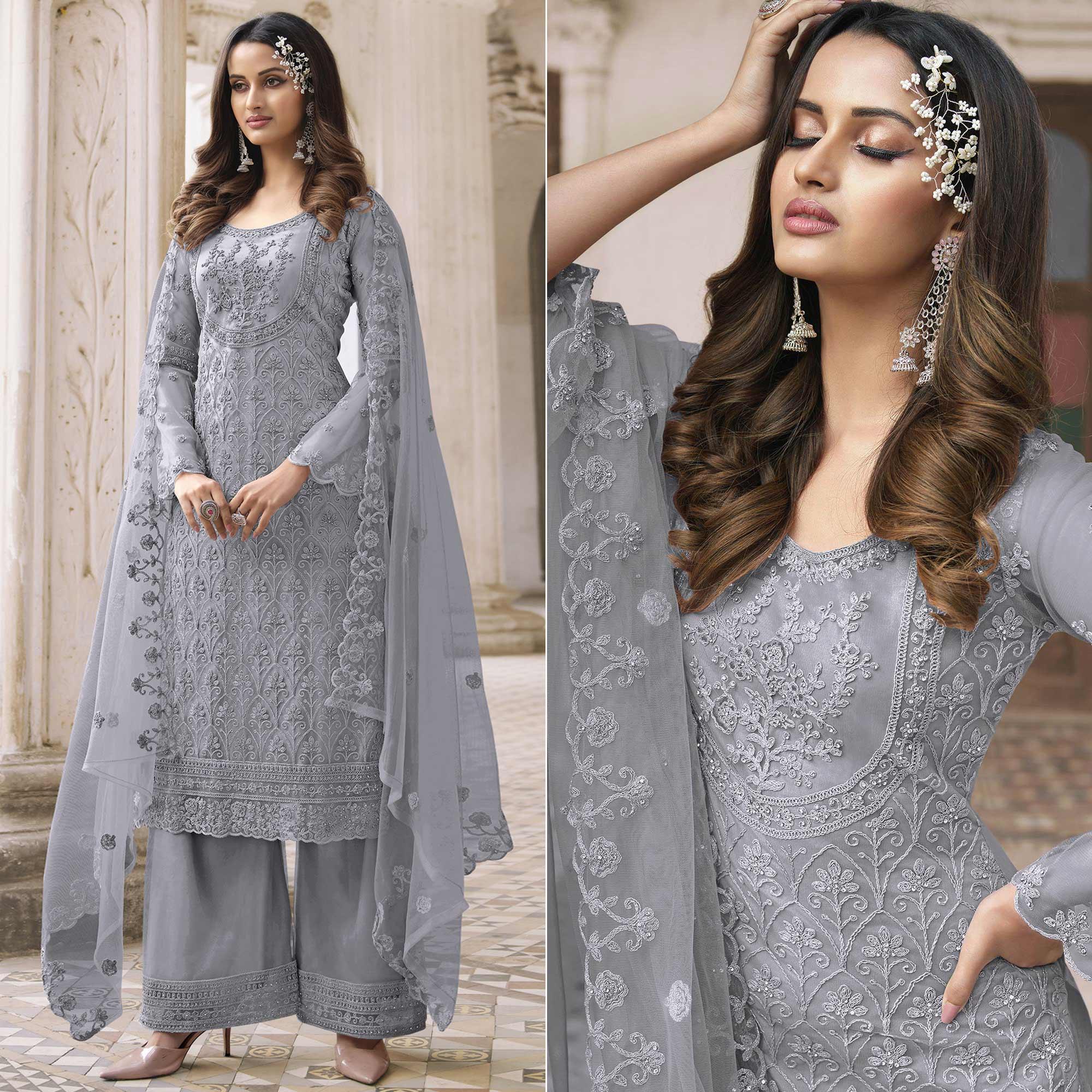 Grey Embroidered With Embellished Net Palazzo Suit - Peachmode