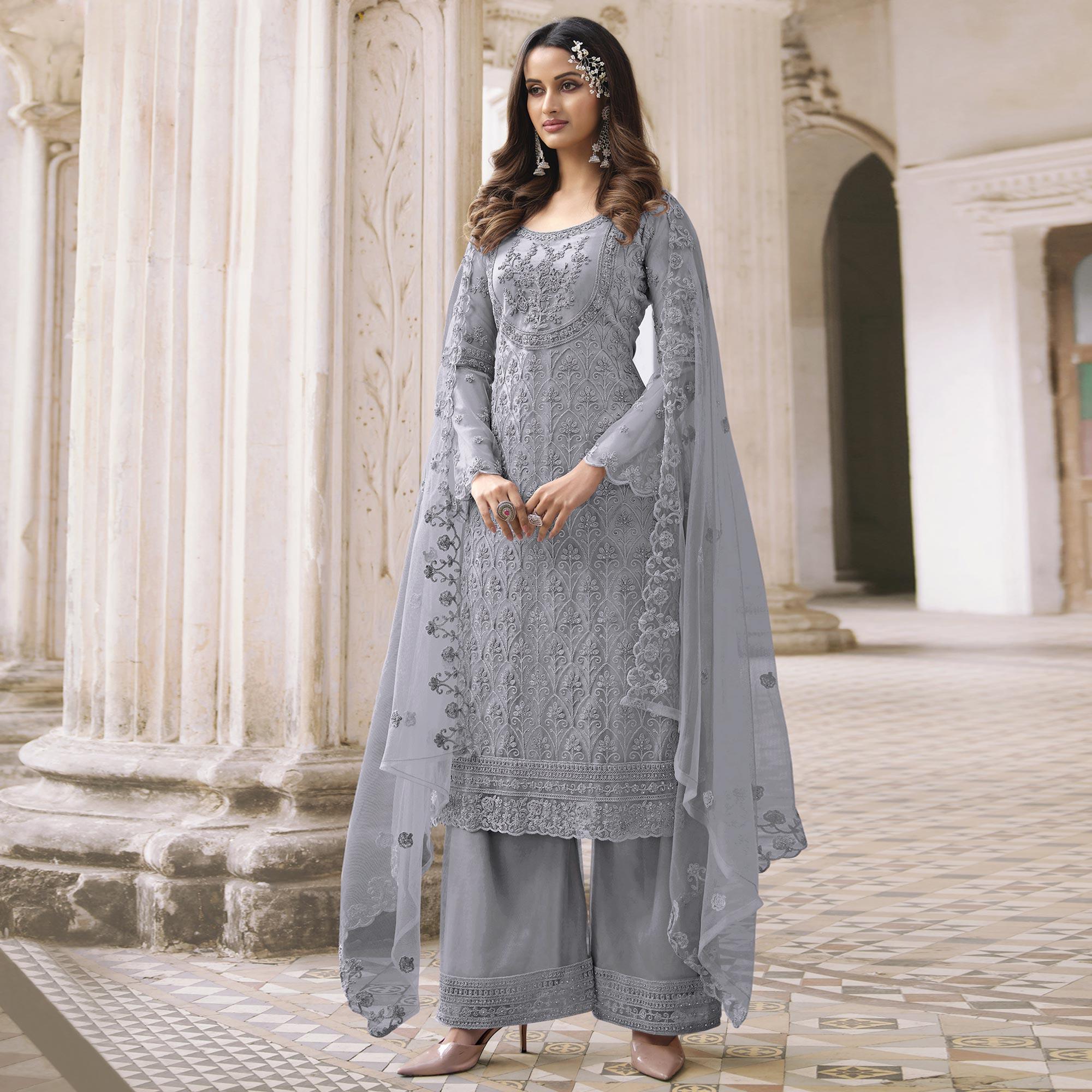 Grey Embroidered With Embellished Net Palazzo Suit - Peachmode