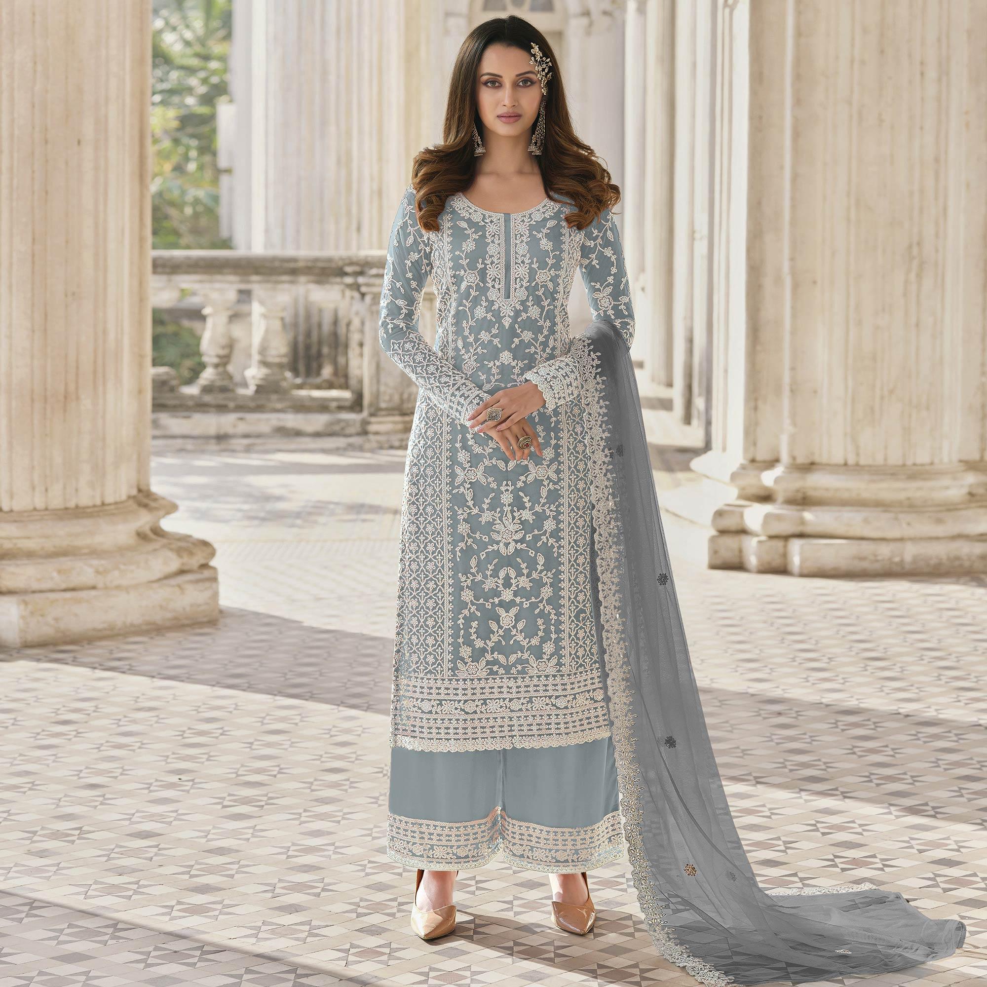 Grey Embroidered With Embellished Net Palazzo Suit - Peachmode