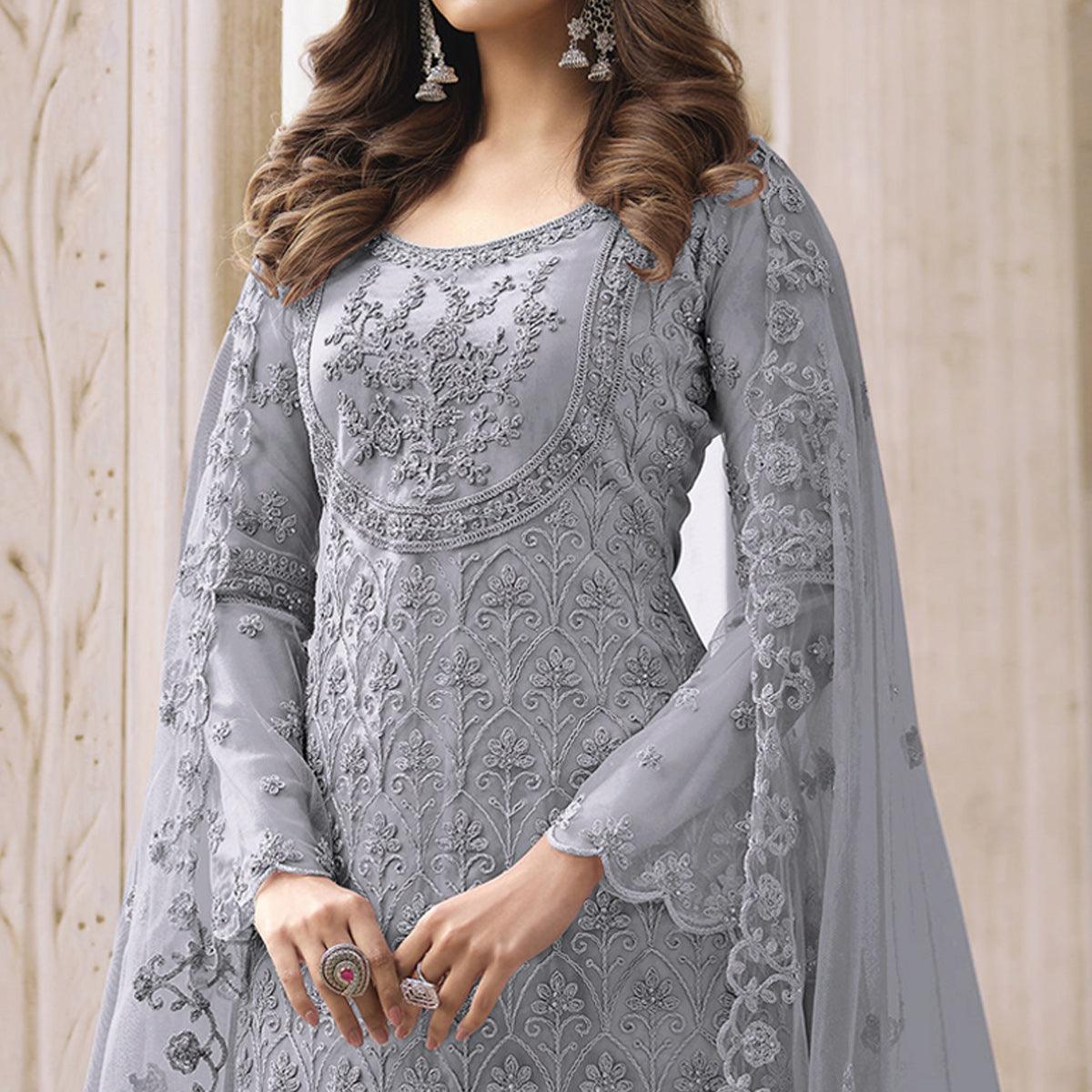 Grey Embroidered With Embellished Net Palazzo Suit - Peachmode