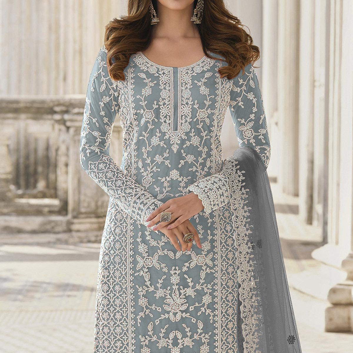 Grey Embroidered With Embellished Net Palazzo Suit - Peachmode