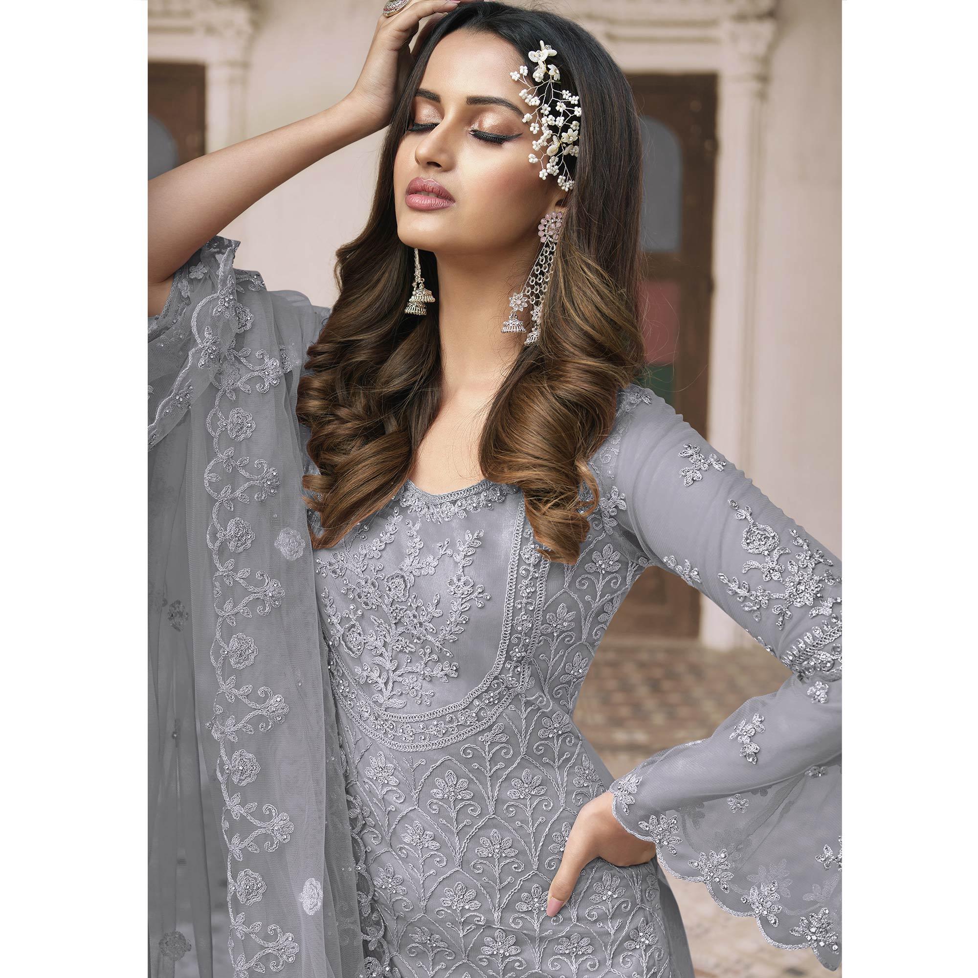 Grey Embroidered With Embellished Net Palazzo Suit - Peachmode