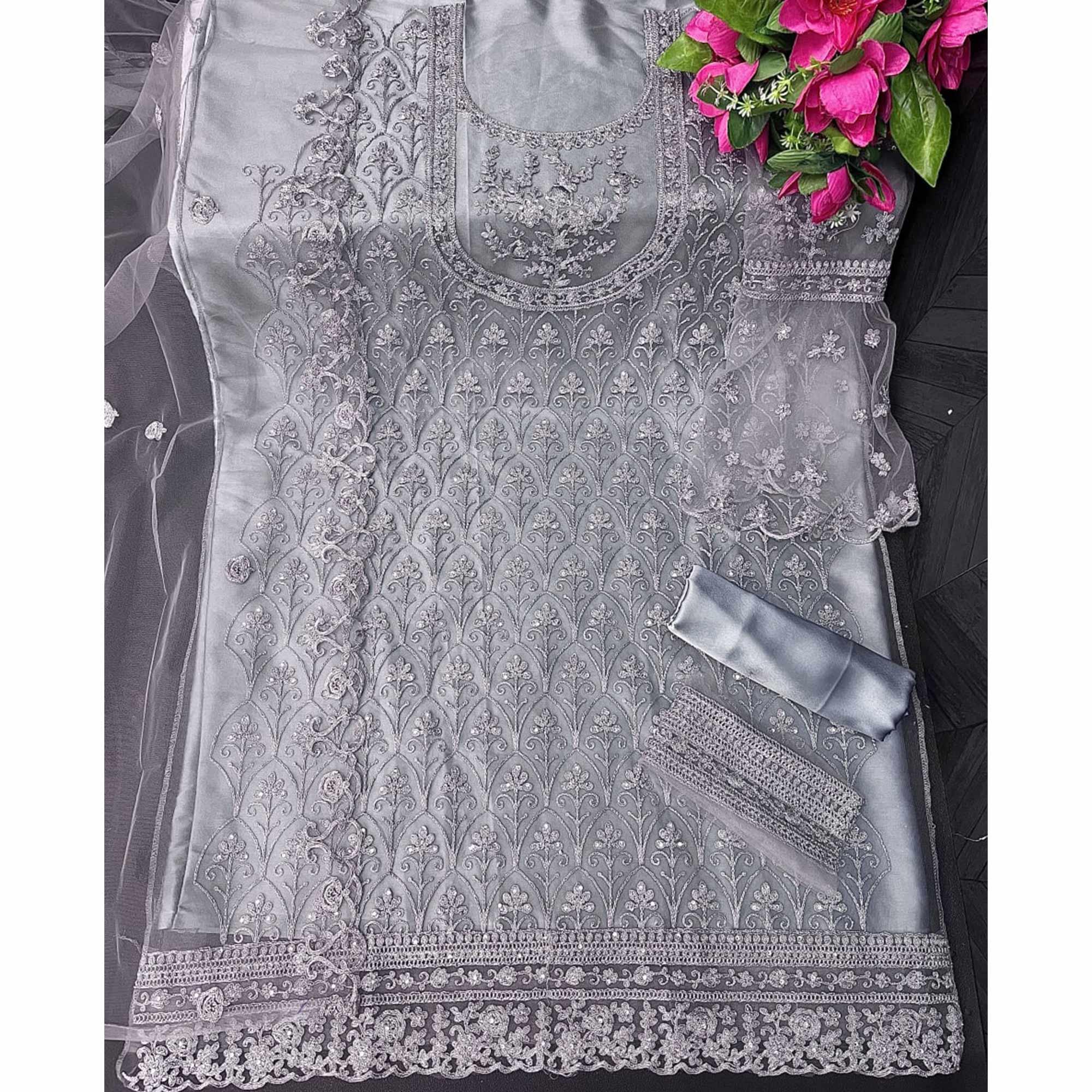 Grey Embroidered With Embellished Net Palazzo Suit - Peachmode