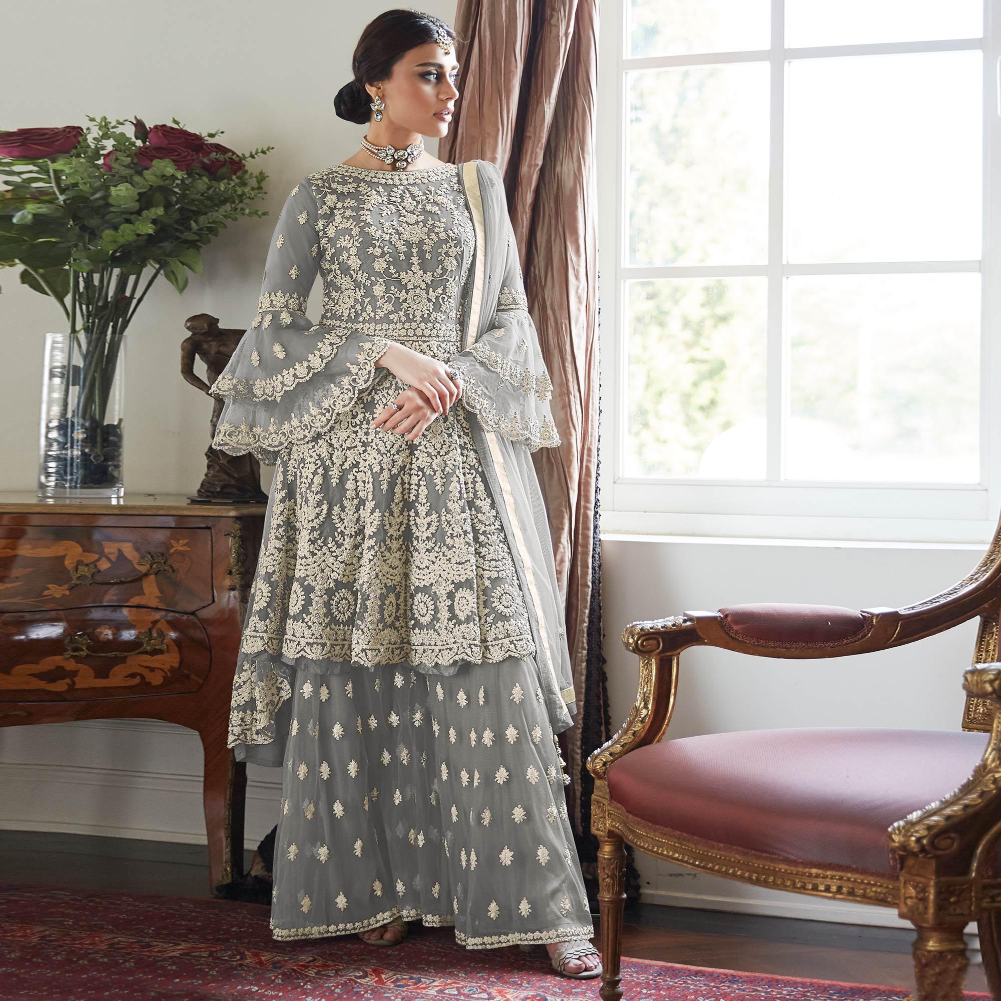 Grey Embroidered With Embellished Net Sharara Suit - Peachmode