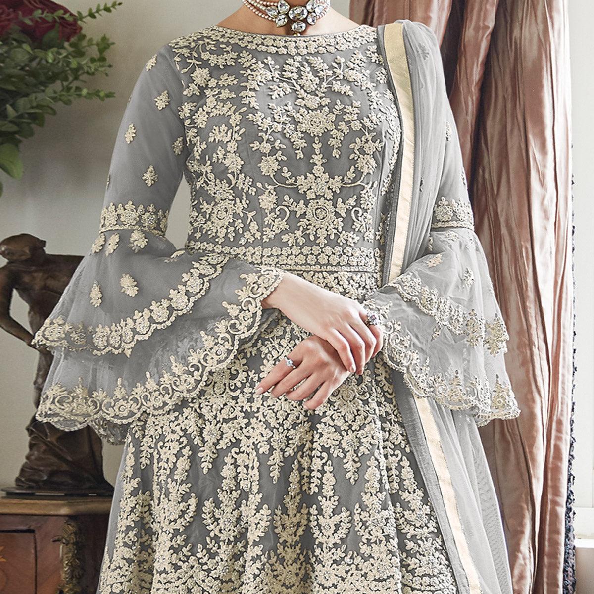 Grey Embroidered With Embellished Net Sharara Suit - Peachmode