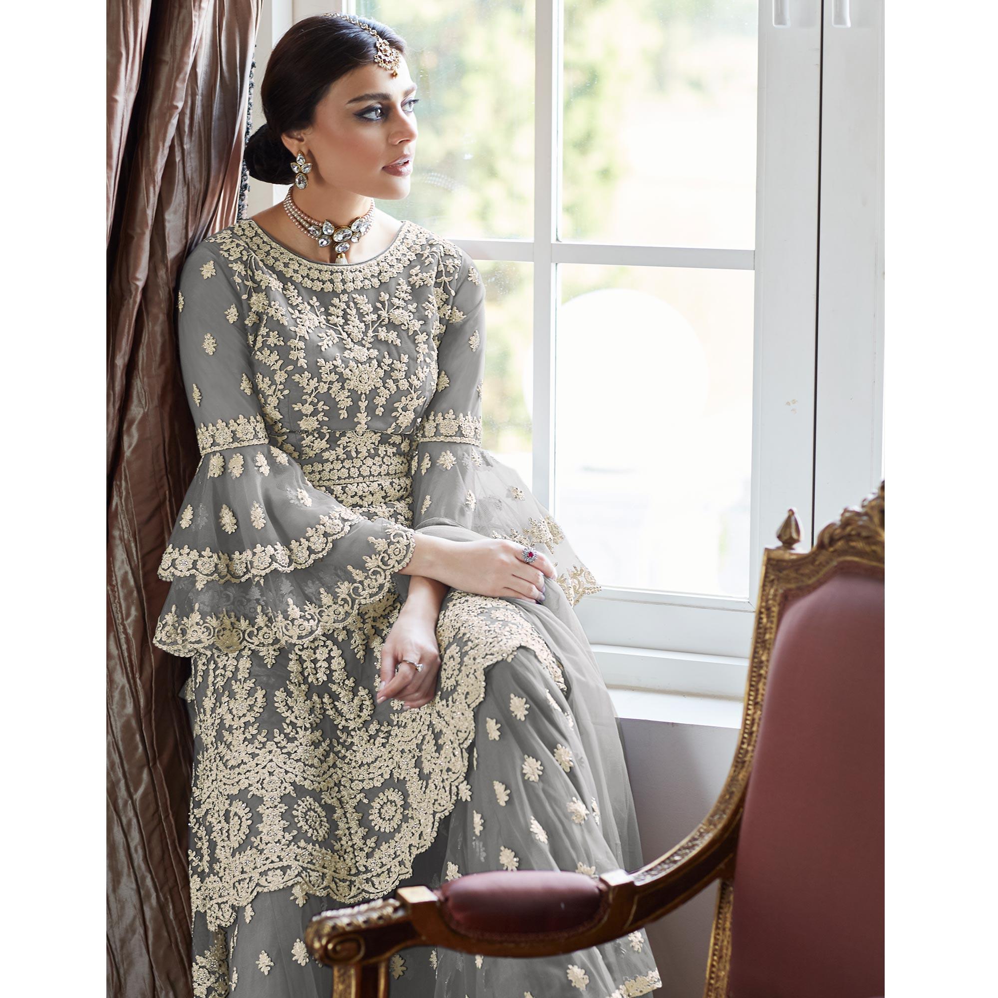 Grey Embroidered With Embellished Net Sharara Suit - Peachmode