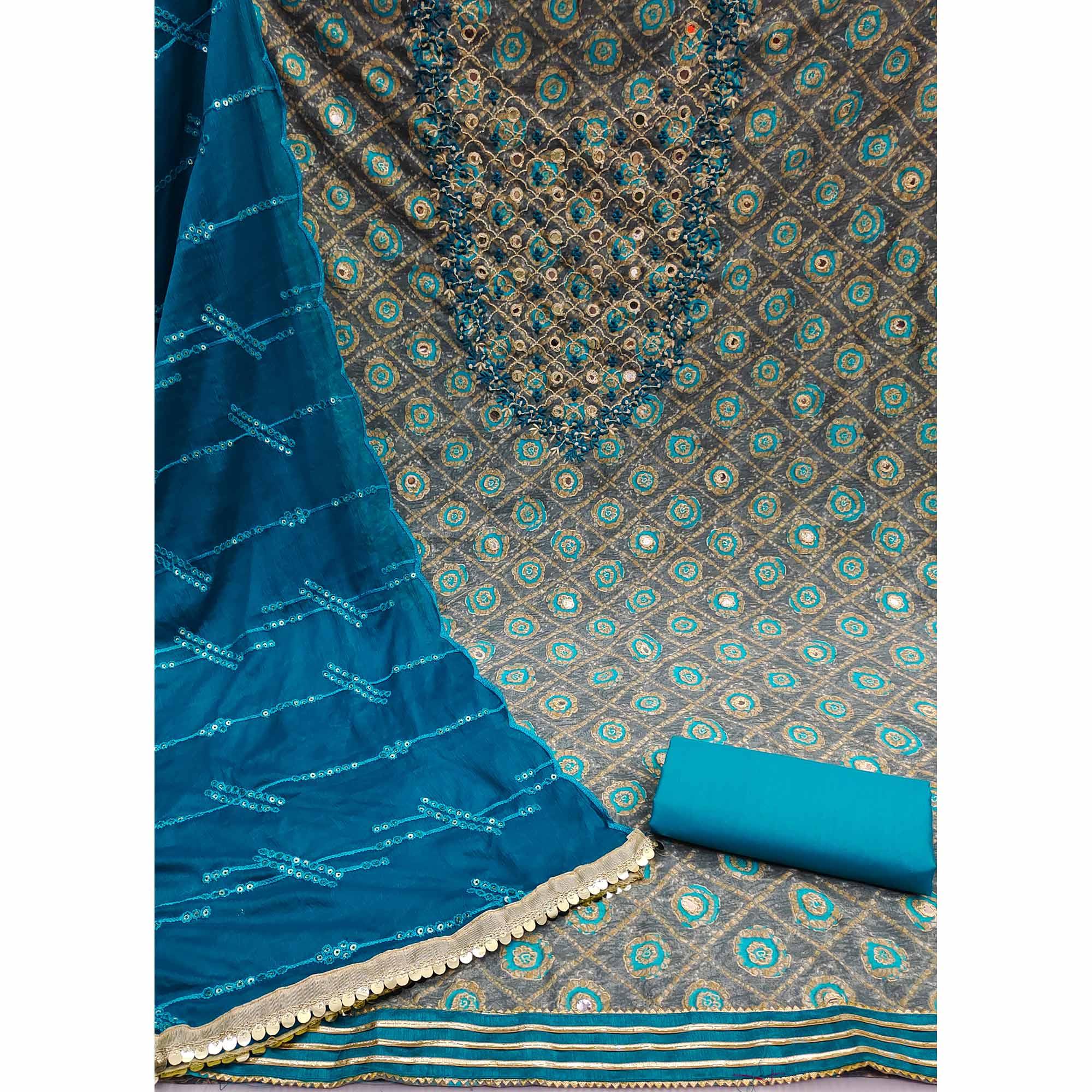 Grey Embroidered With Embellished Pure Cotton Dress Material - Peachmode