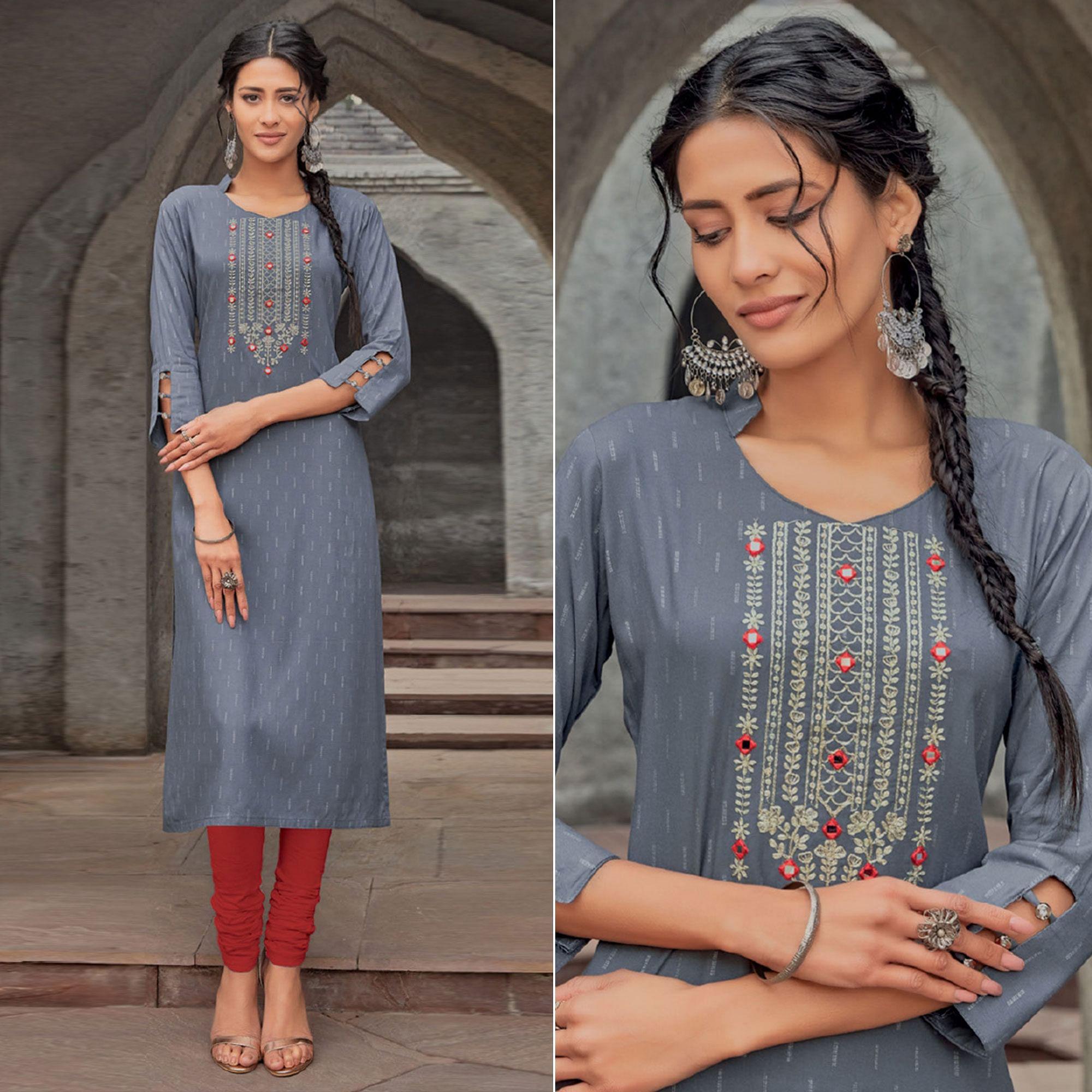 Grey Embroidered With Embellished Pure Cotton Kurti - Peachmode
