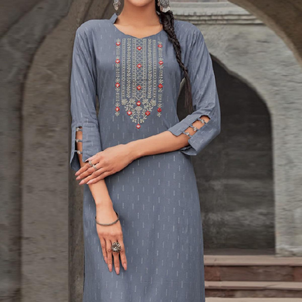 Grey Embroidered With Embellished Pure Cotton Kurti - Peachmode