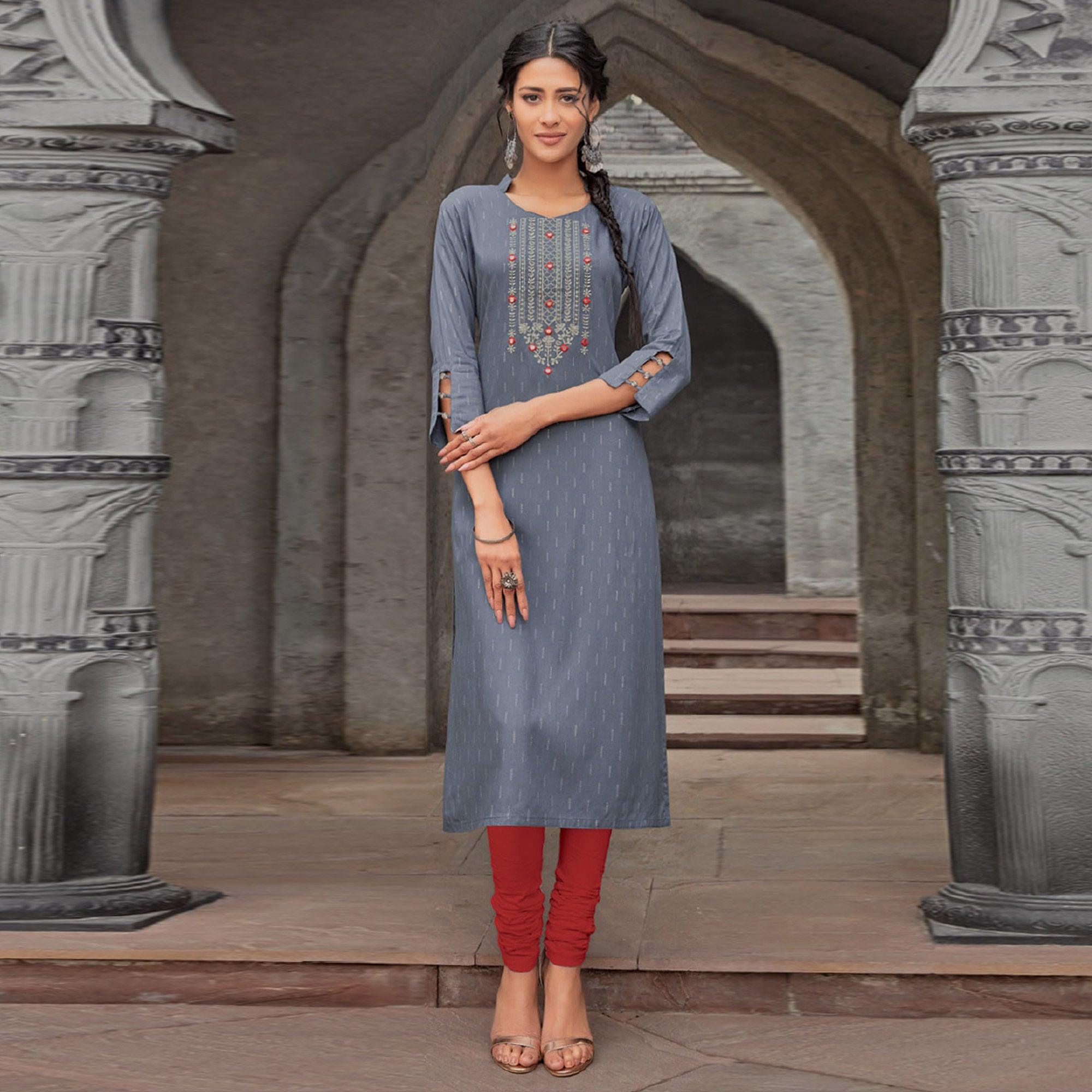 Grey Embroidered With Embellished Pure Cotton Kurti - Peachmode