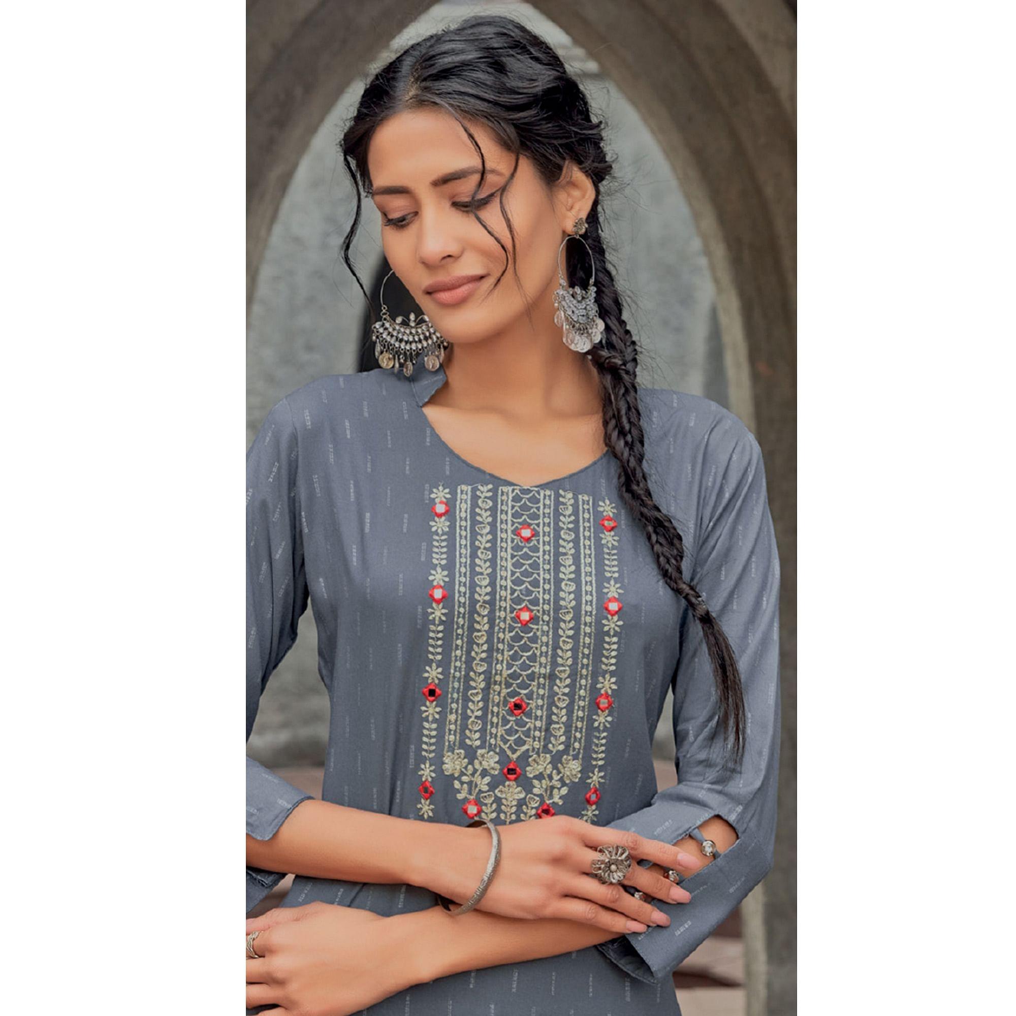 Grey Embroidered With Embellished Pure Cotton Kurti - Peachmode