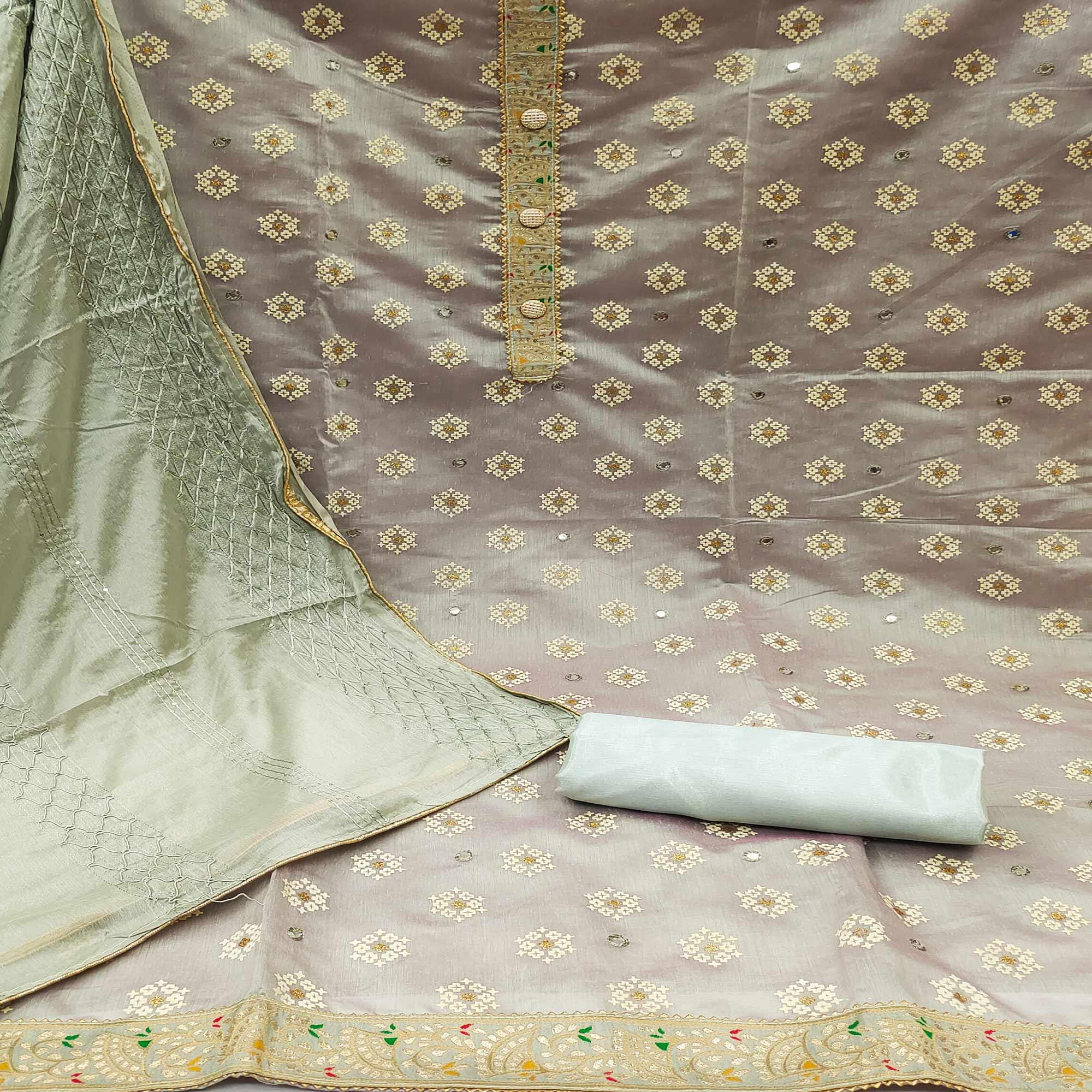 Grey Embroidered With Mirror Work Chanderi Dress Material - Peachmode