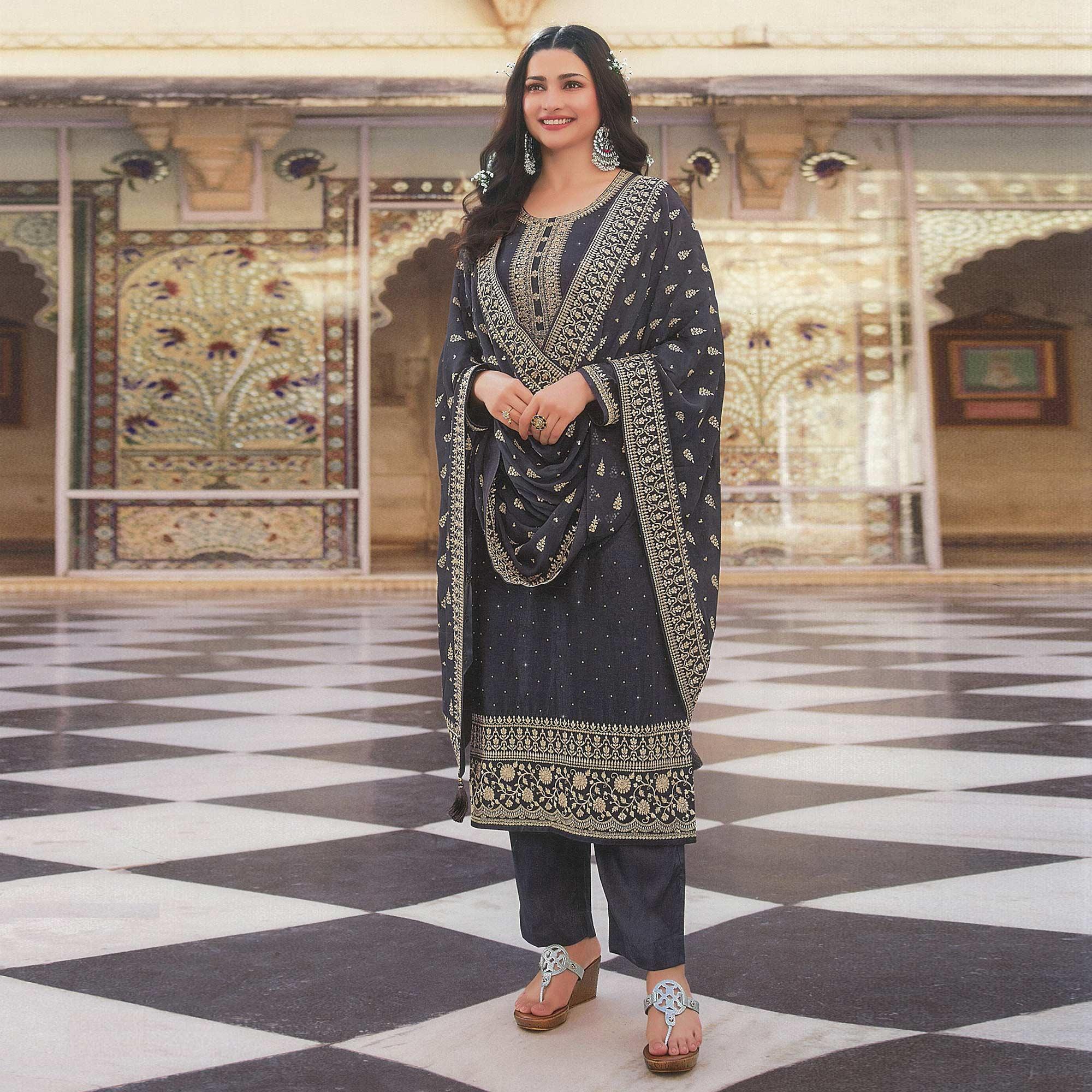 Grey Embroidered With Swarovski Work Dola Silk Salwar Suit - Peachmode