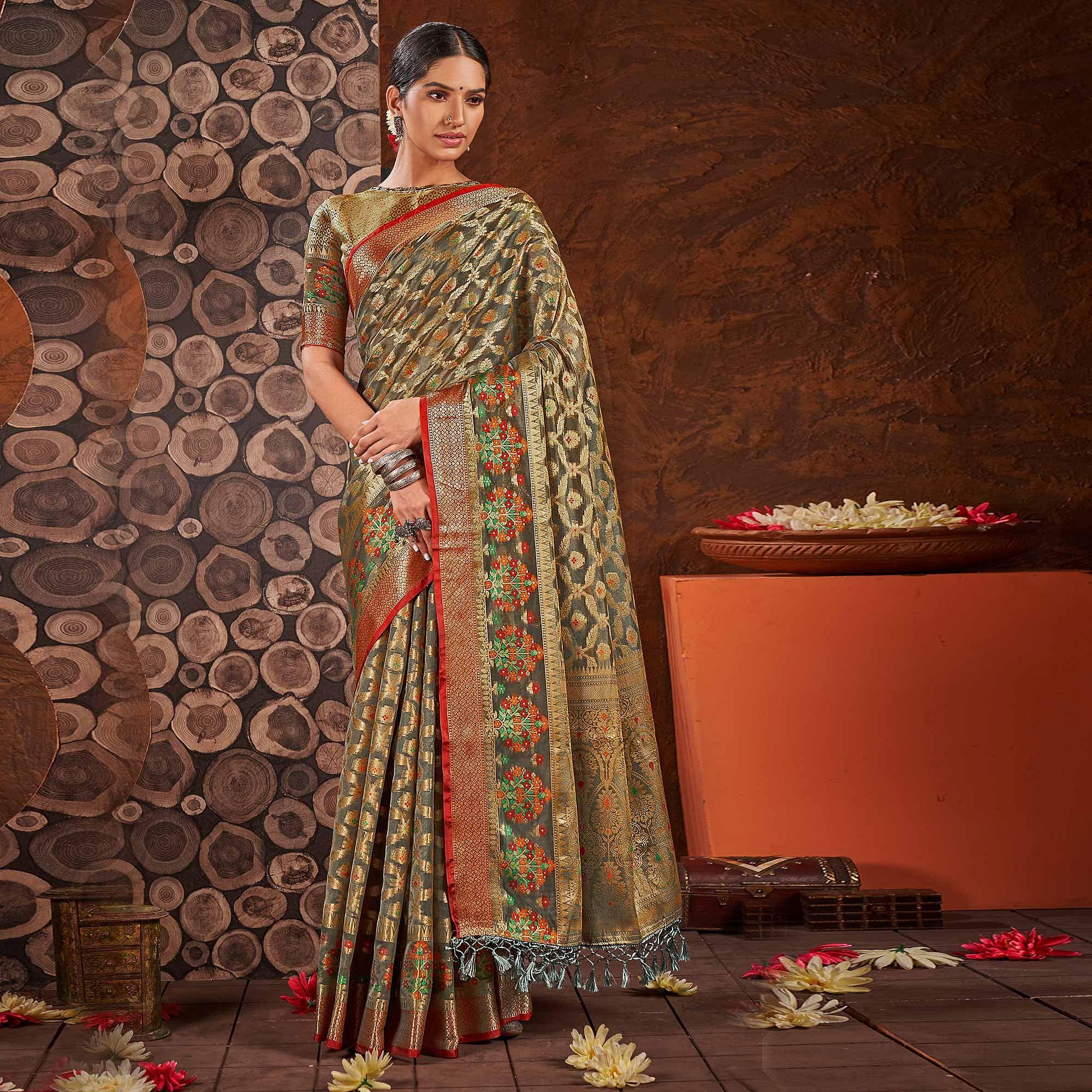 Grey Festive Wear Banarasi Woven Organza Saree - Peachmode