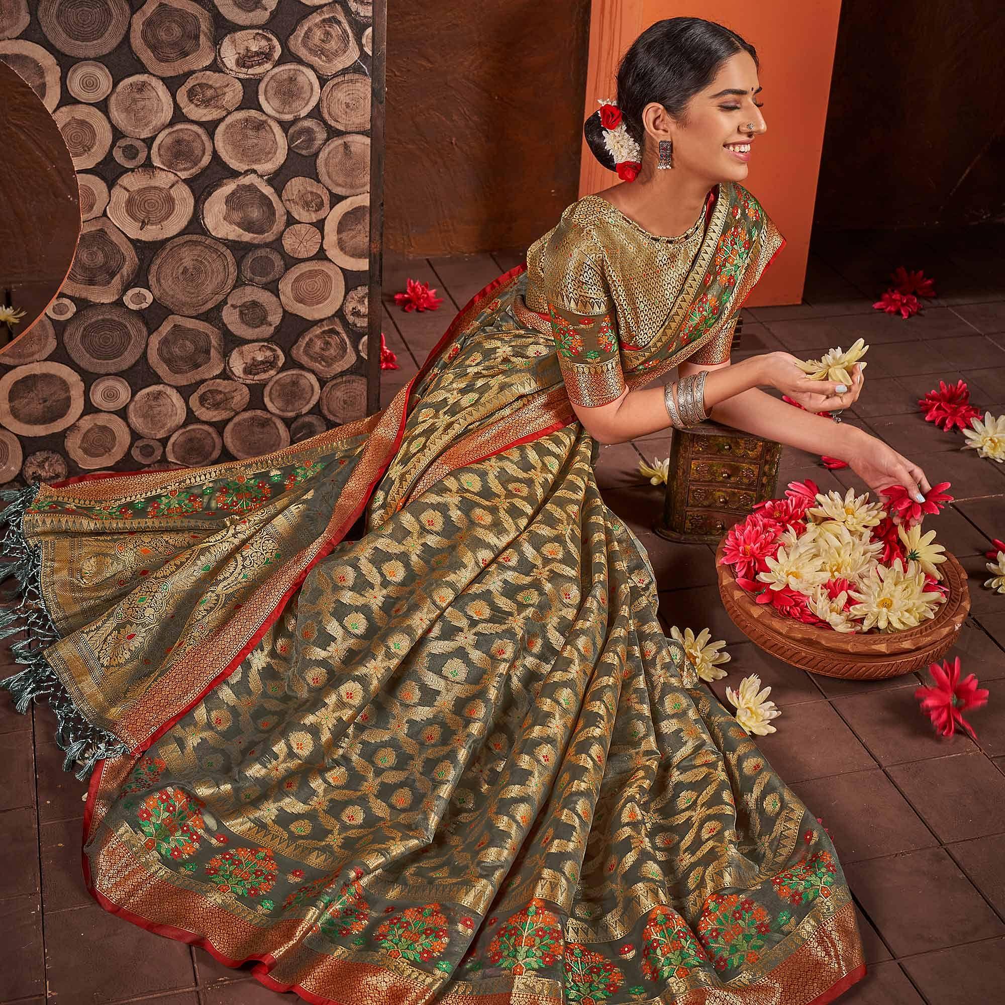 Grey Festive Wear Banarasi Woven Organza Saree - Peachmode