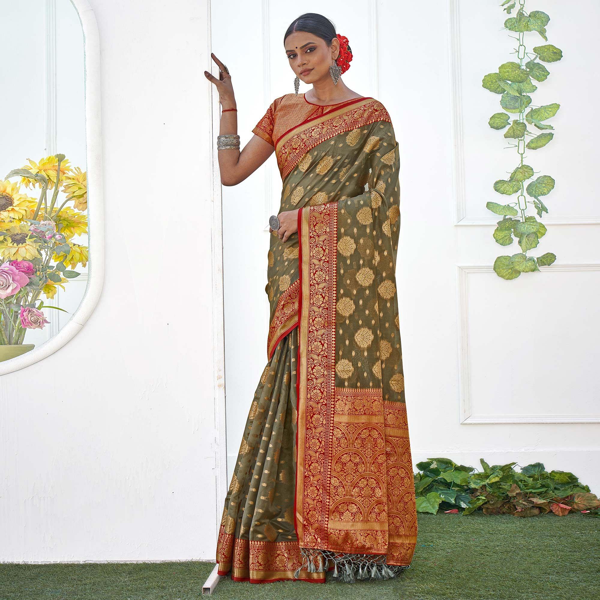 Grey Festive Wear Banarasi Woven Organza Saree With Tassels - Peachmode