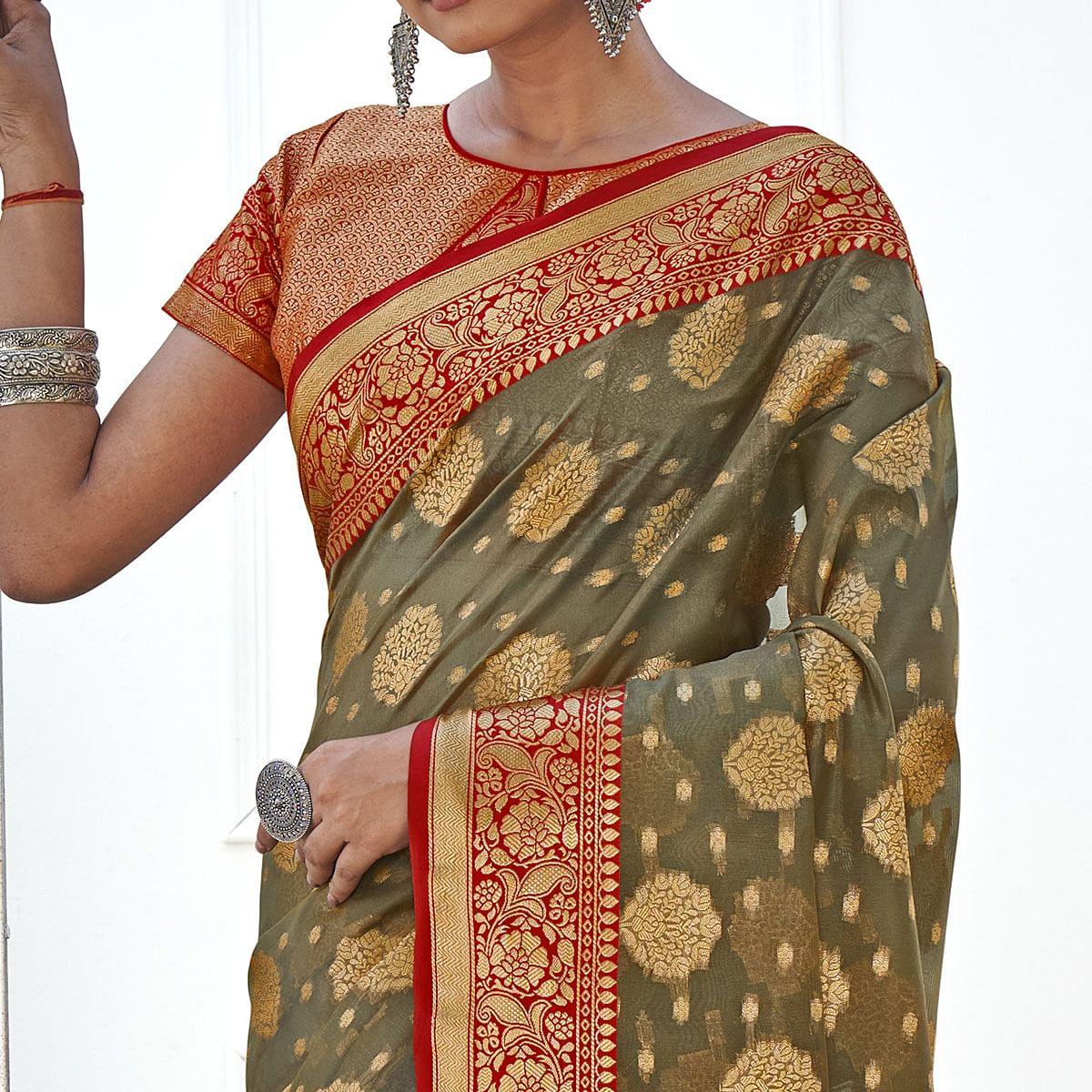 Grey Festive Wear Banarasi Woven Organza Saree With Tassels - Peachmode