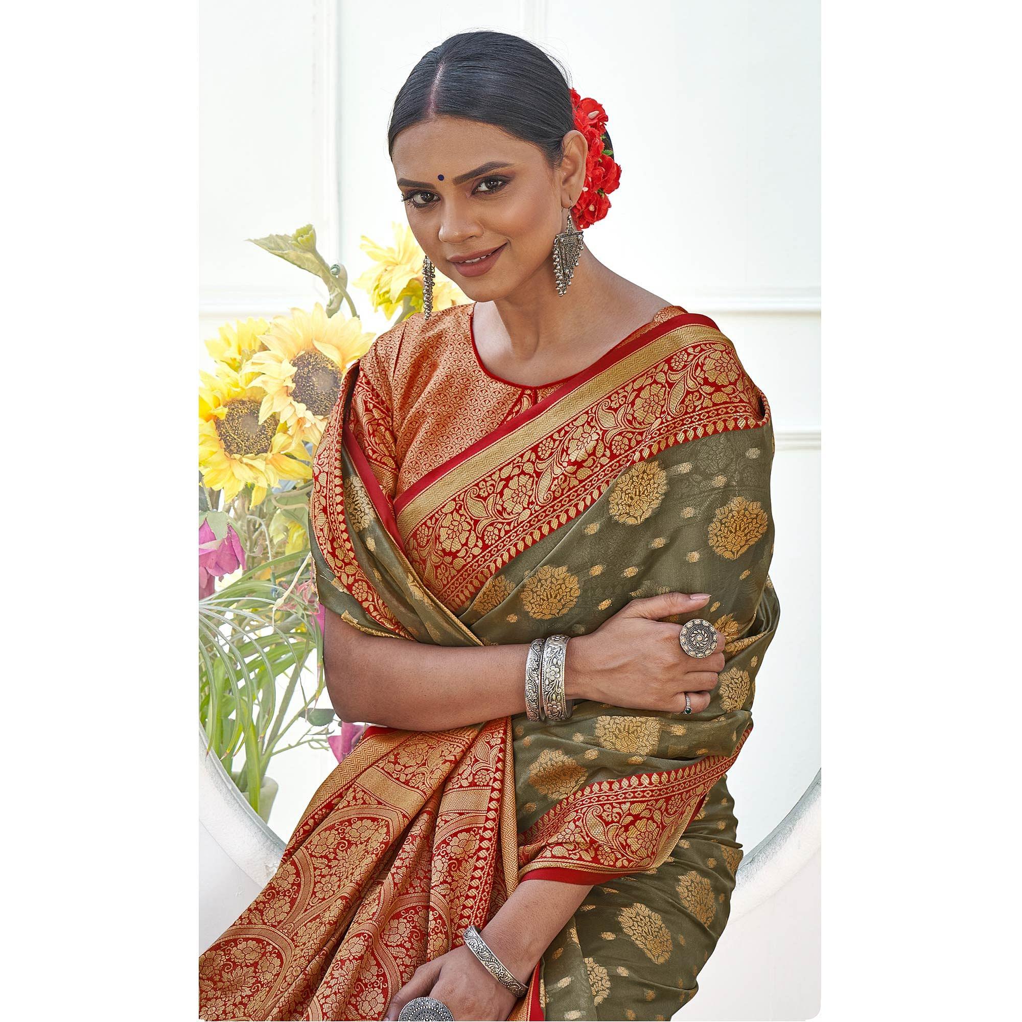 Grey Festive Wear Banarasi Woven Organza Saree With Tassels - Peachmode