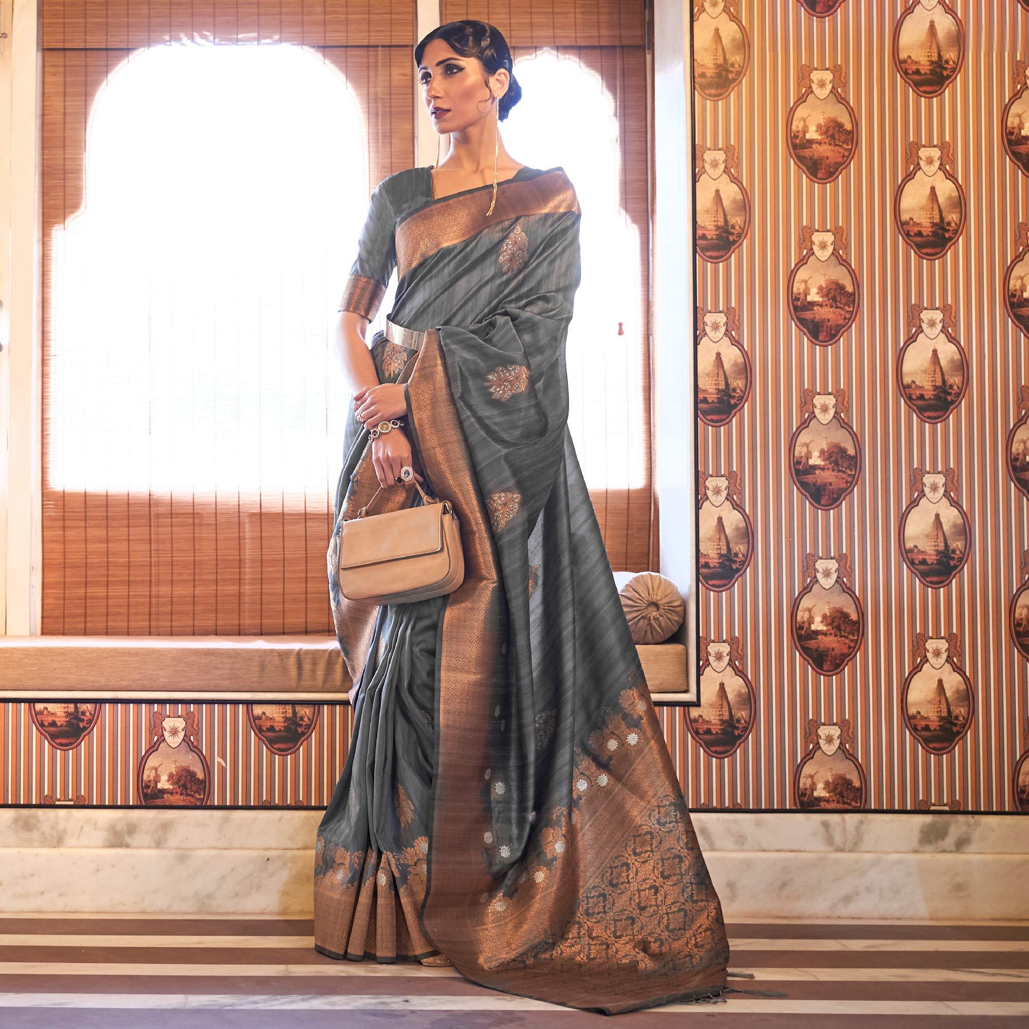 Grey Festive Wear Copper Zari Weaving Tussar Silk Saree With Tassels - Peachmode