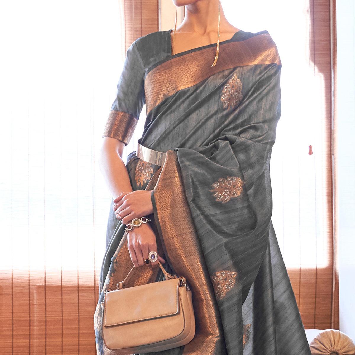 Grey Festive Wear Copper Zari Weaving Tussar Silk Saree With Tassels - Peachmode