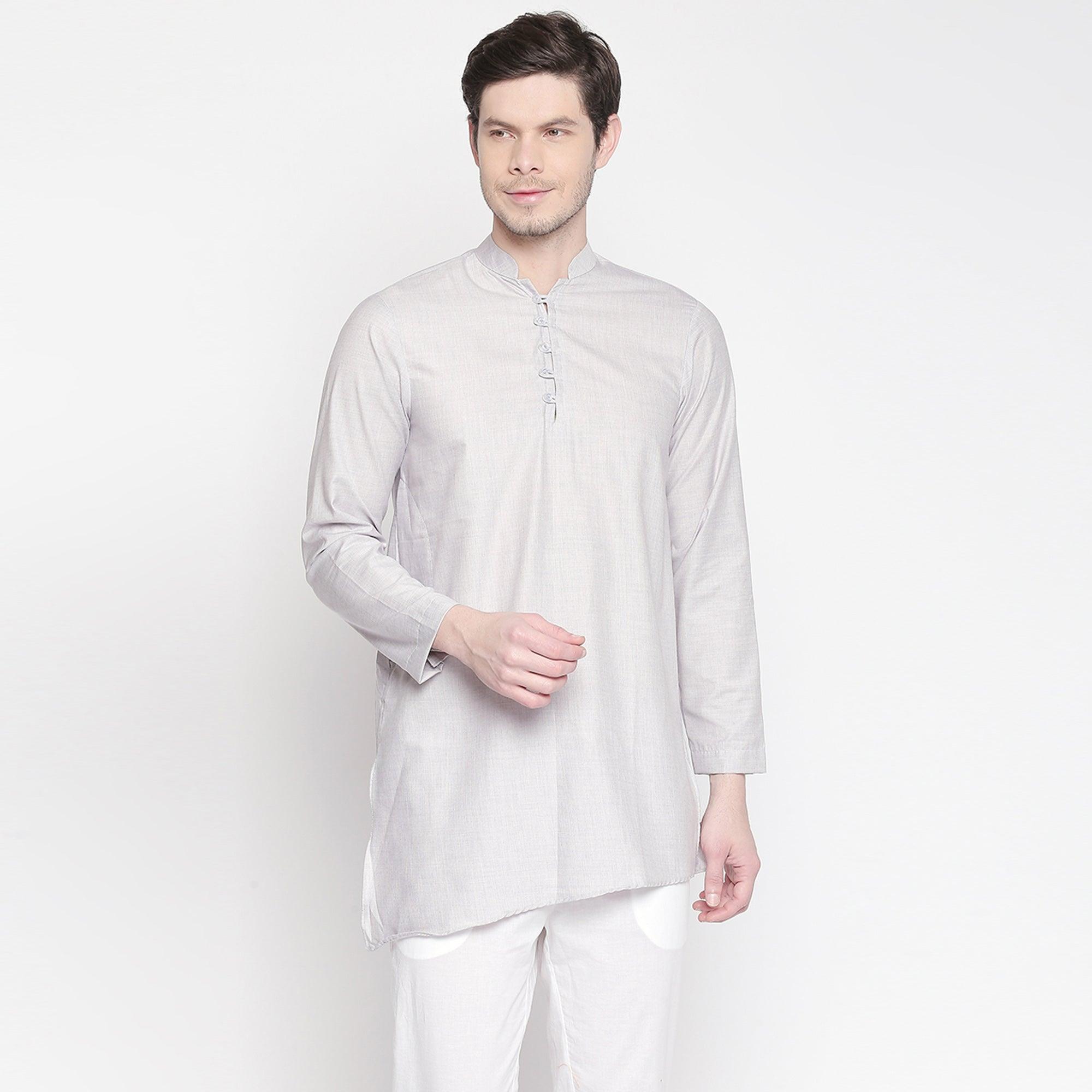 Grey Festive Wear Cotton Short Kurta with Asymmetric Hem - Peachmode