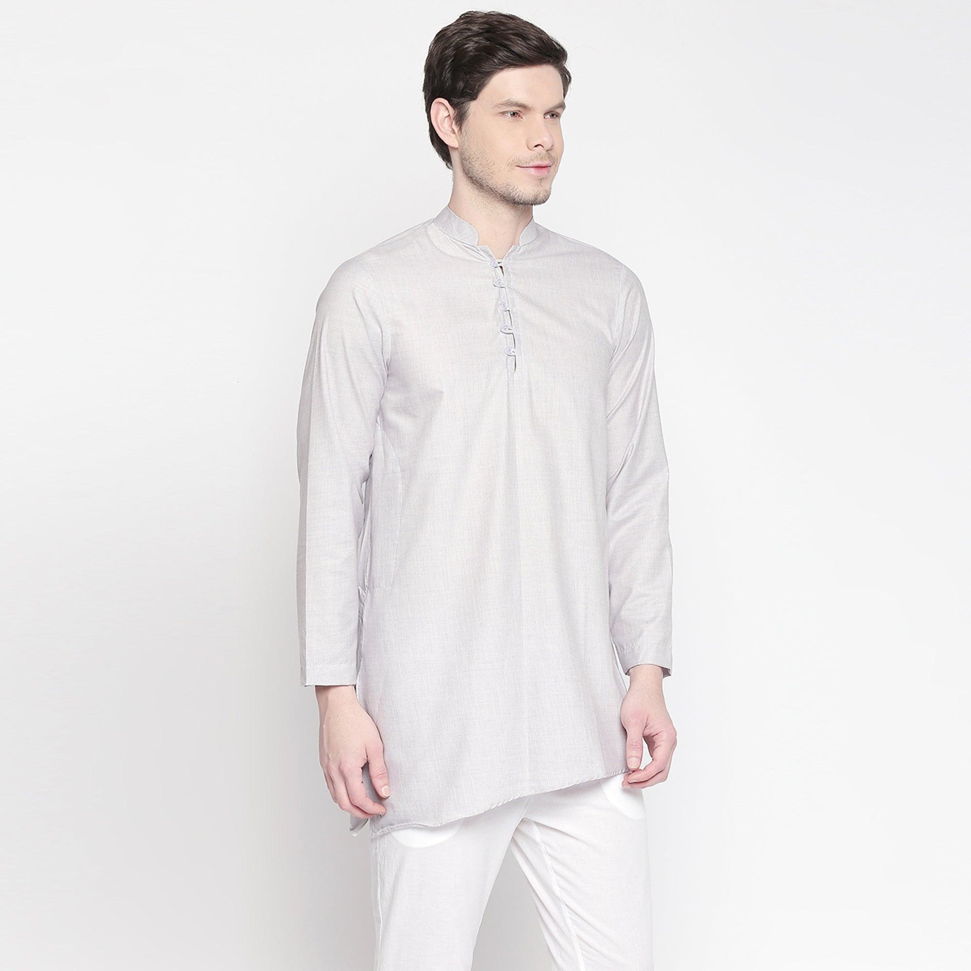Grey Festive Wear Cotton Short Kurta with Asymmetric Hem - Peachmode