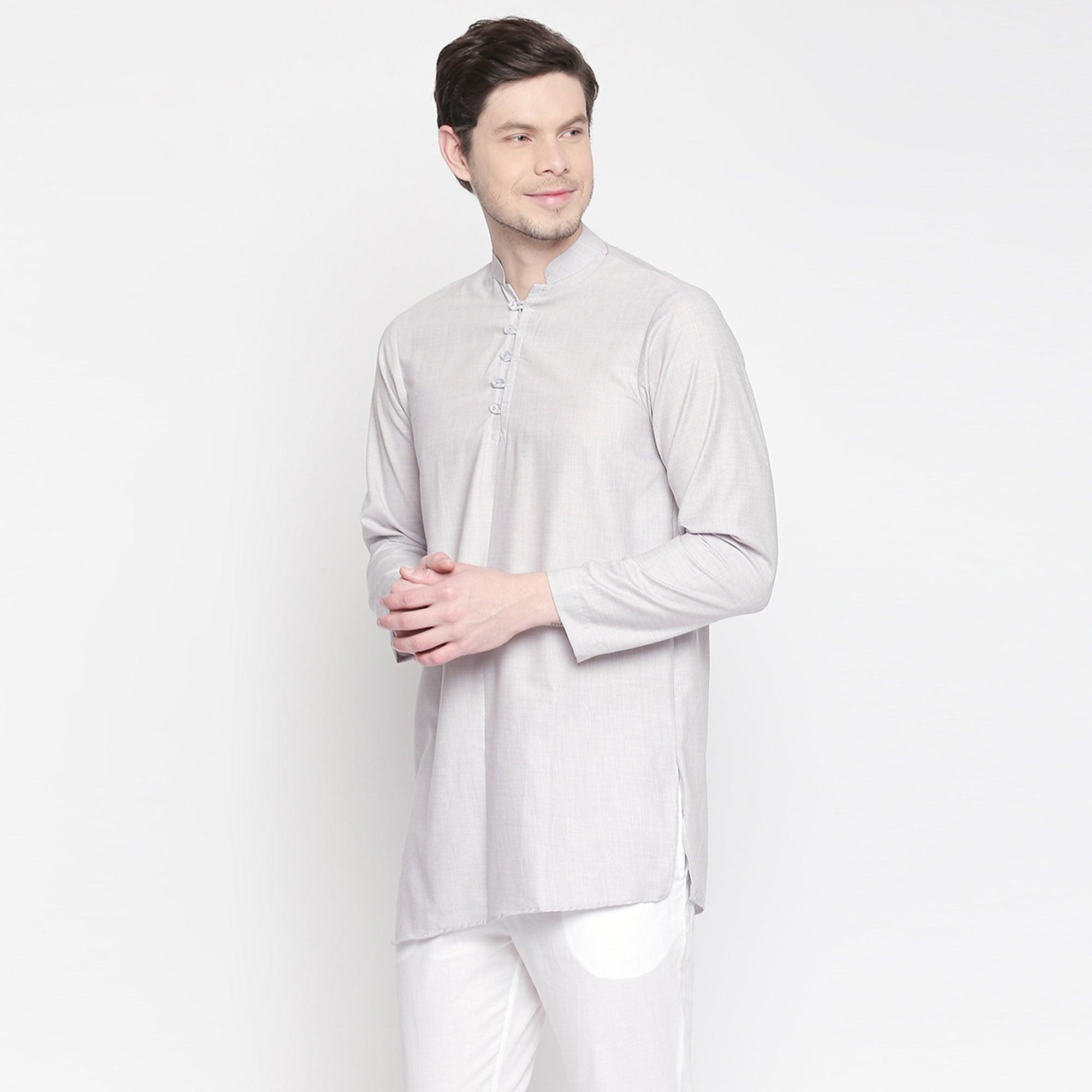 Grey Festive Wear Cotton Short Kurta with Asymmetric Hem - Peachmode