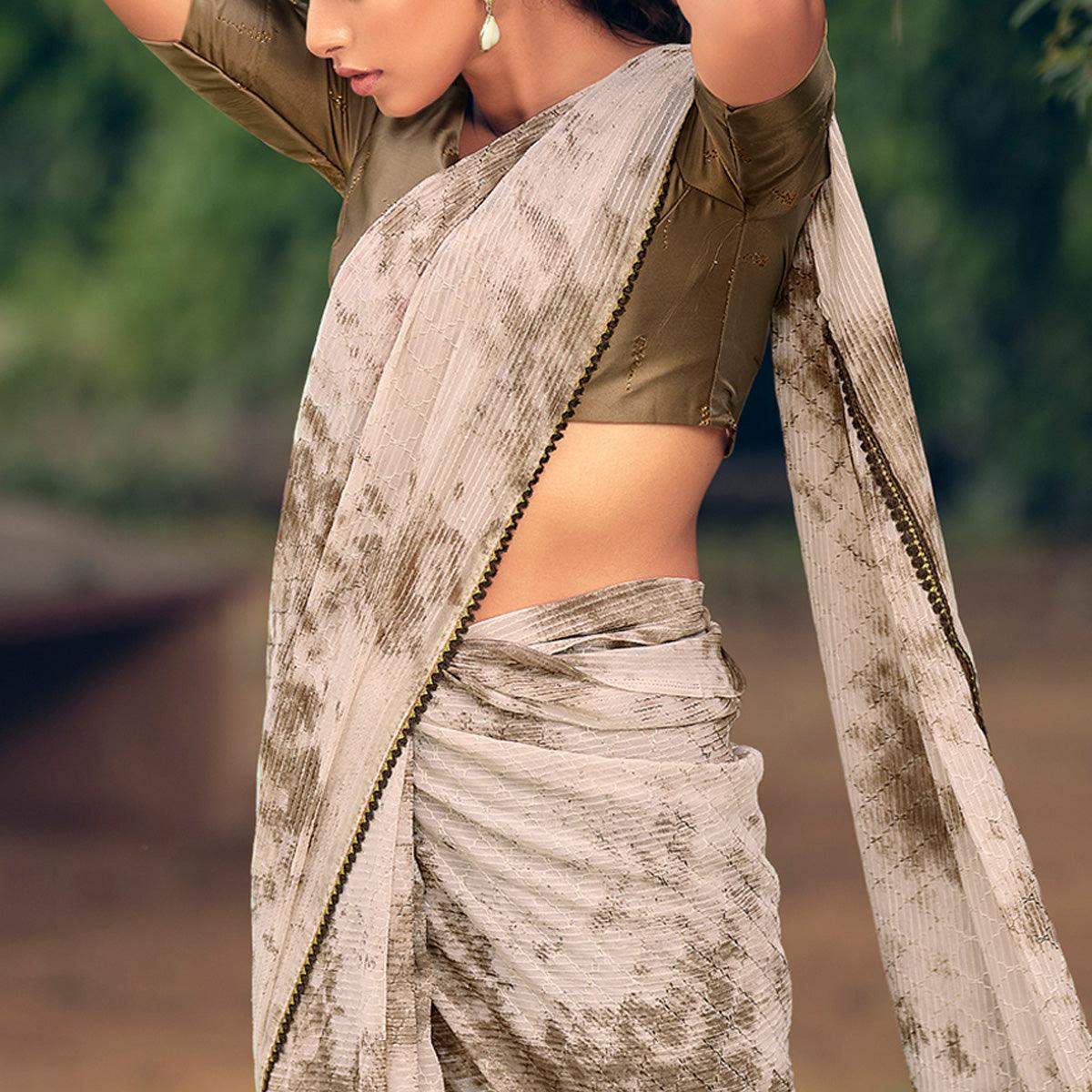 Grey Festive Wear Crochet Work Georgette Saree - Peachmode