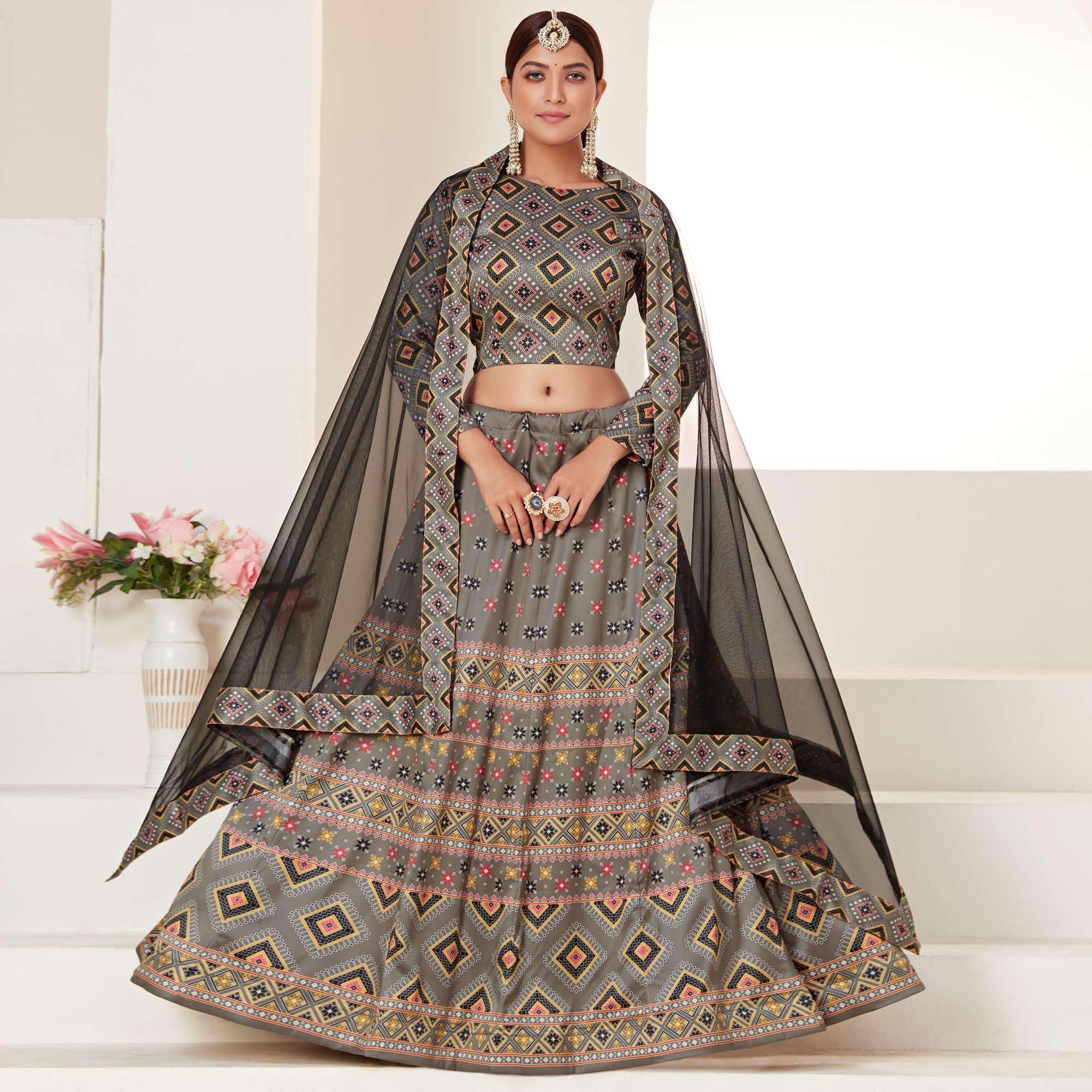 Grey Festive Wear Digital Printed Ajmeri Silk Lehenga Choli - Peachmode