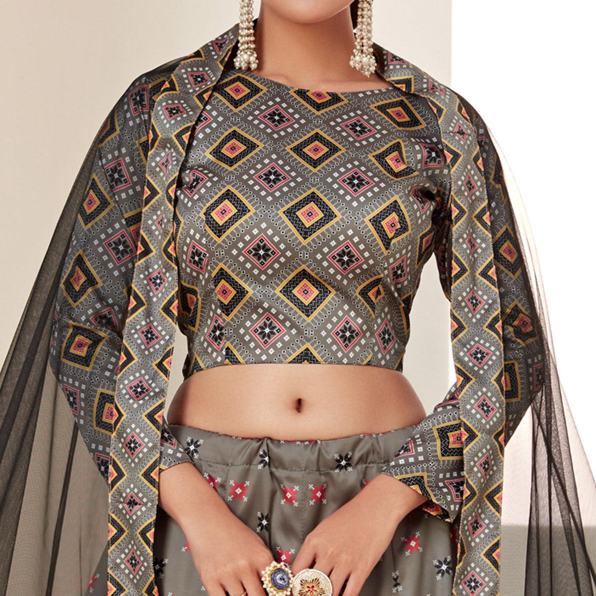 Grey Festive Wear Digital Printed Ajmeri Silk Lehenga Choli - Peachmode