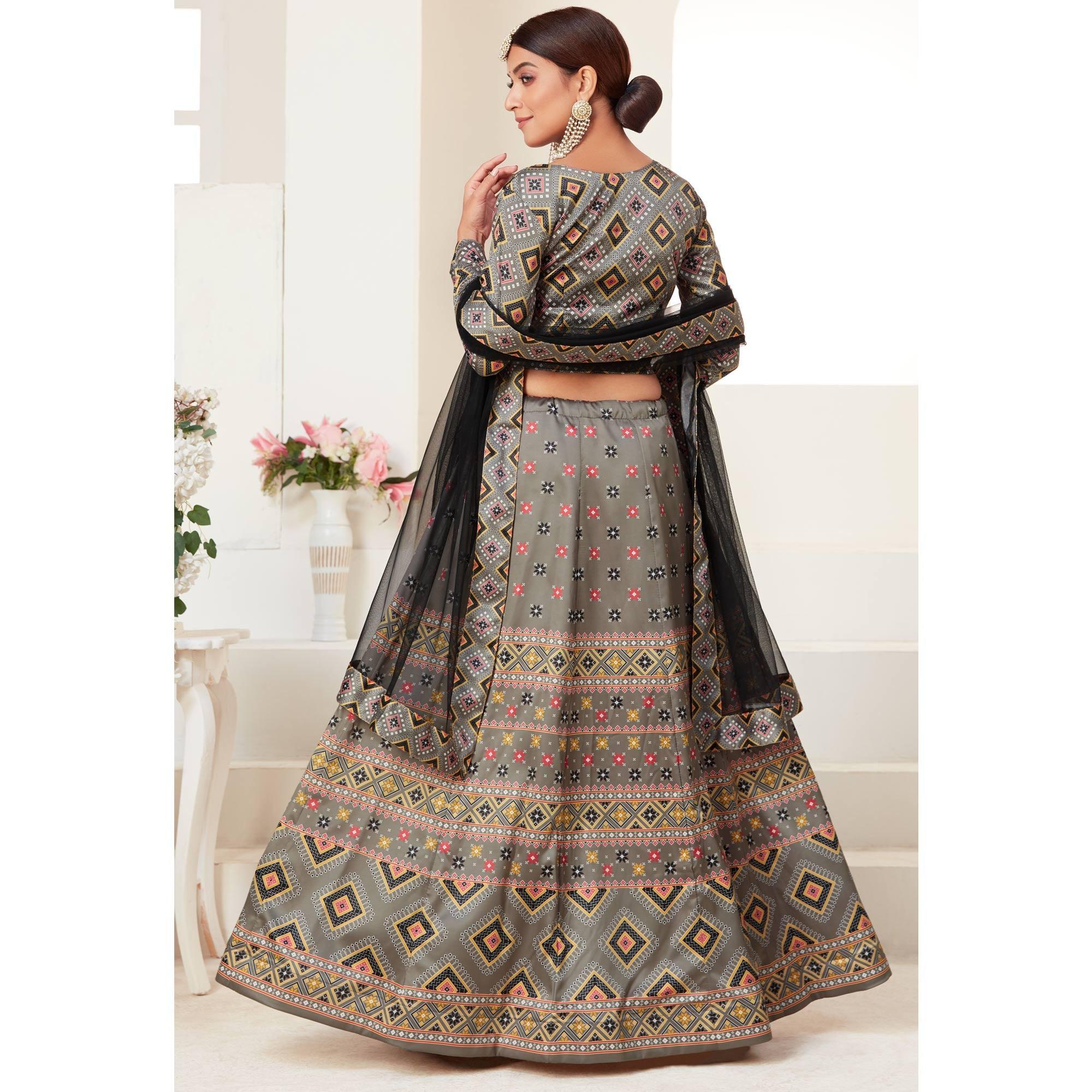 Grey Festive Wear Digital Printed Ajmeri Silk Lehenga Choli - Peachmode