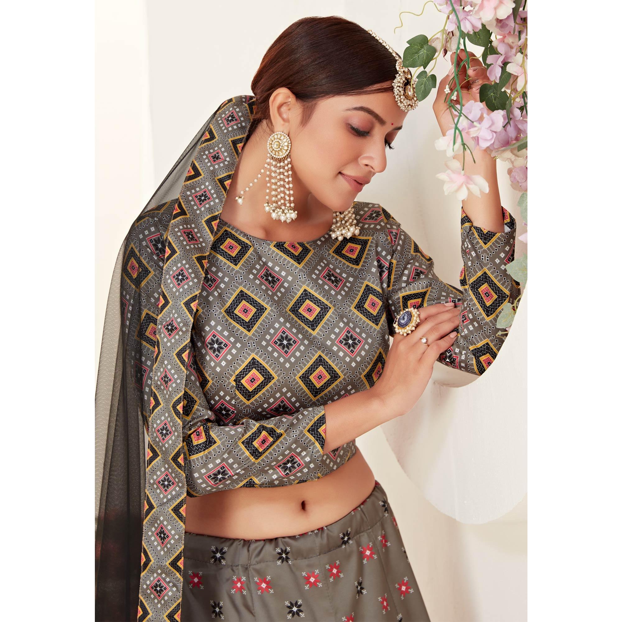 Grey Festive Wear Digital Printed Ajmeri Silk Lehenga Choli - Peachmode
