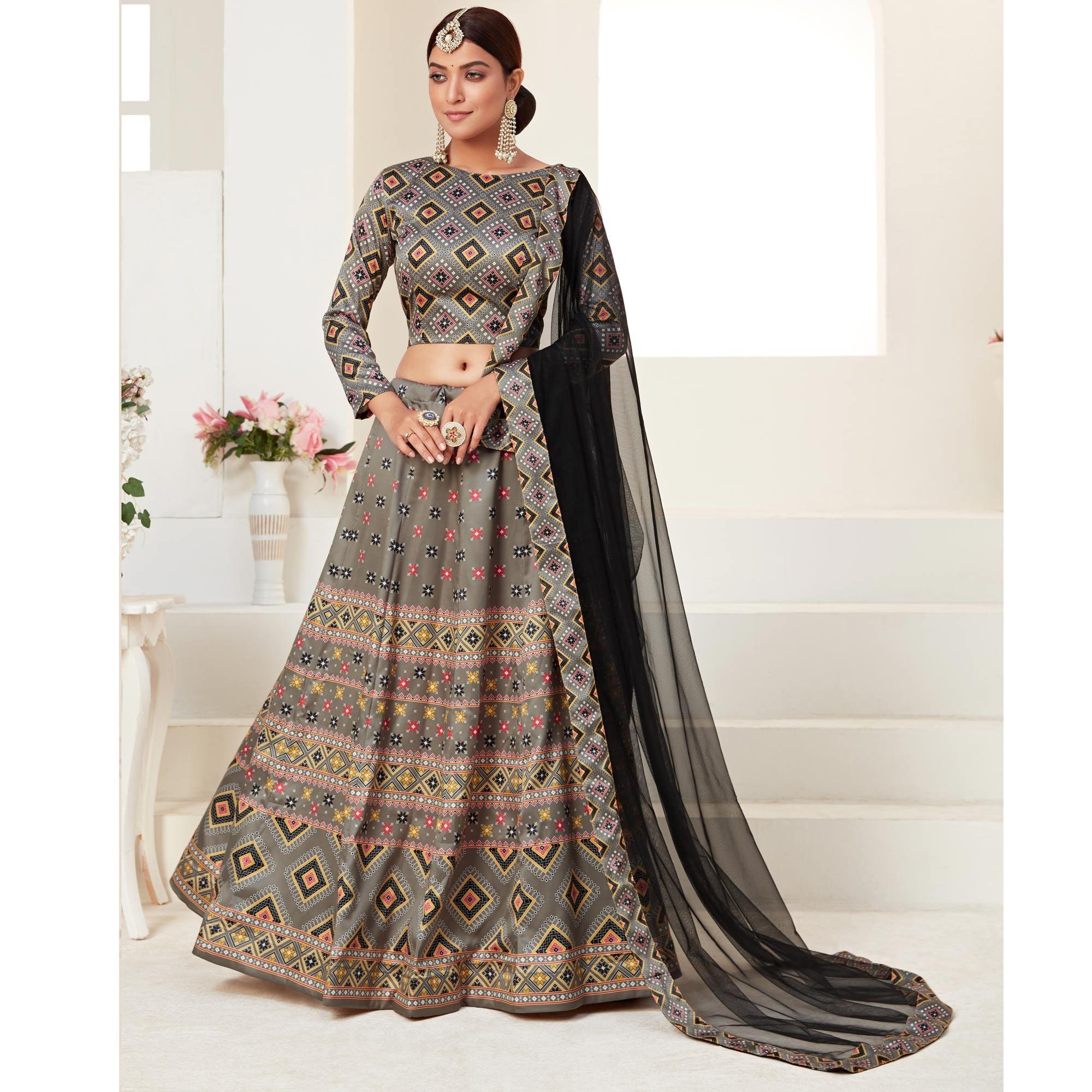 Grey Festive Wear Digital Printed Ajmeri Silk Lehenga Choli - Peachmode