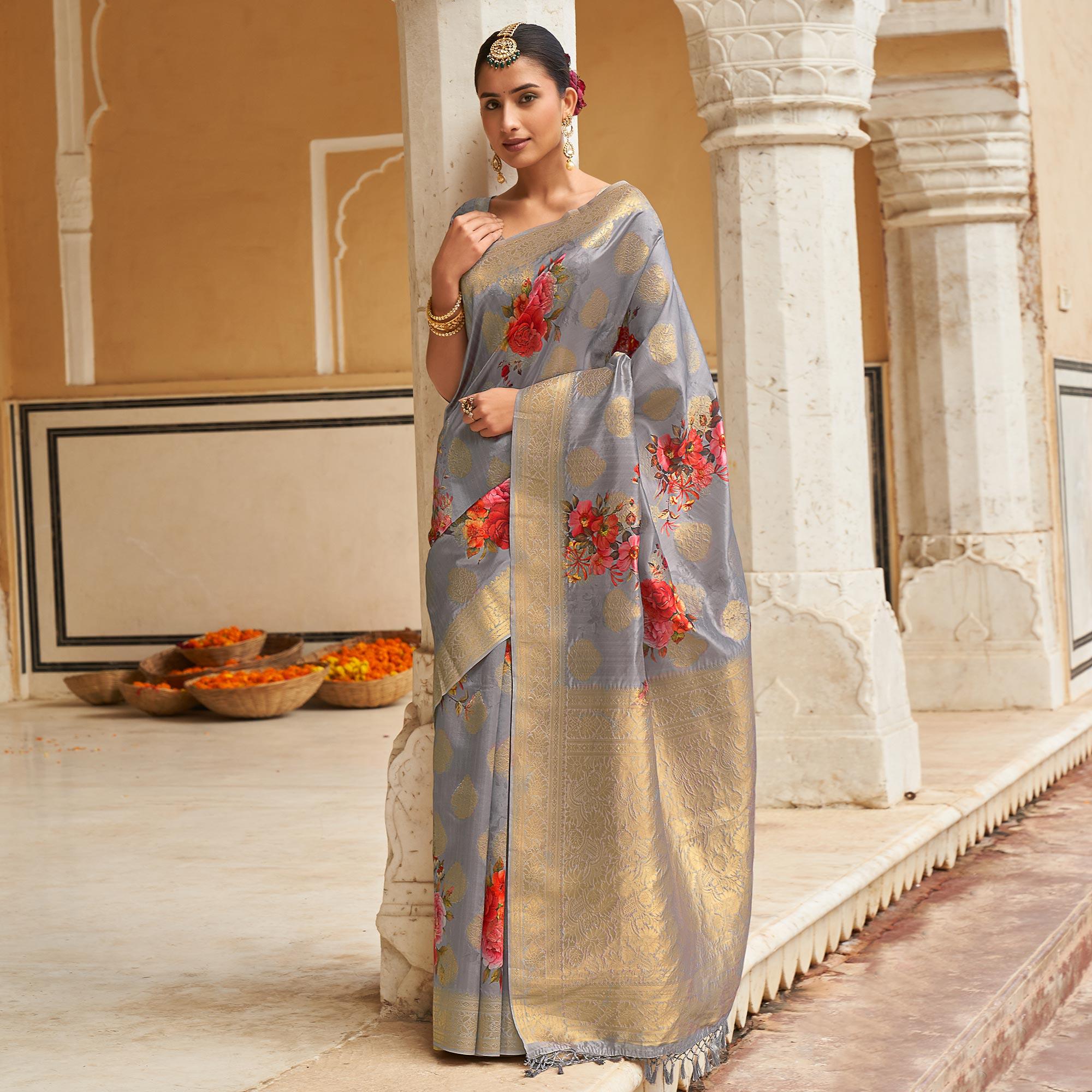 Grey Festive Wear Digital Printed Jacquard Silk Saree - Peachmode