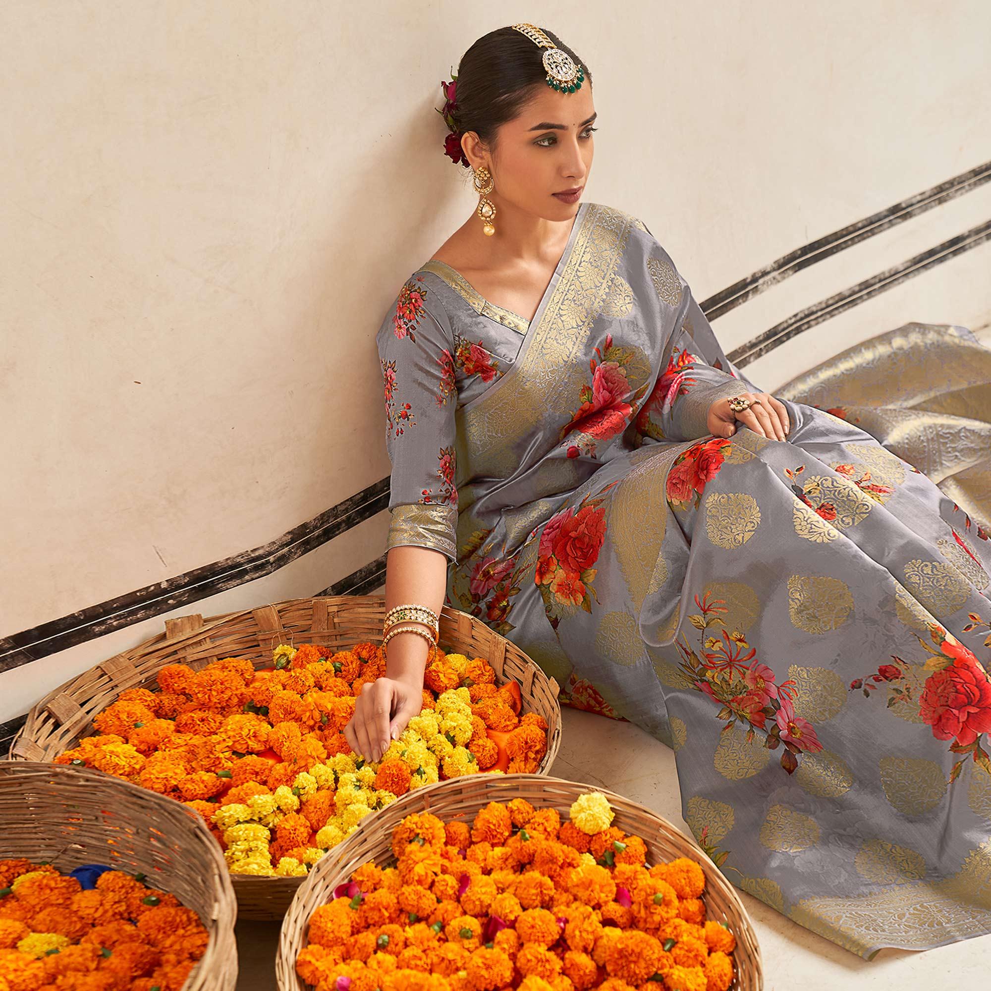 Grey Festive Wear Digital Printed Jacquard Silk Saree - Peachmode