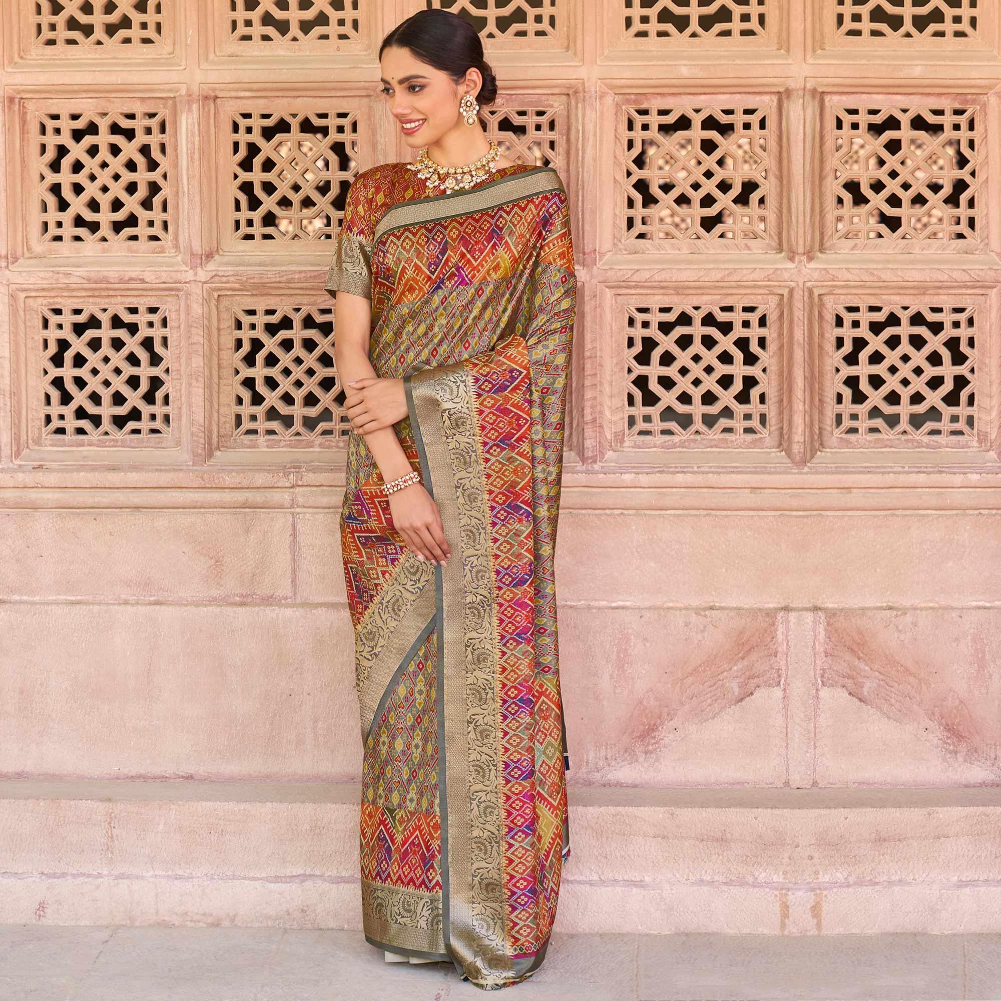 Grey Festive Wear Digital Printed Soft Silk Saree With Viscose Zari Border - Peachmode