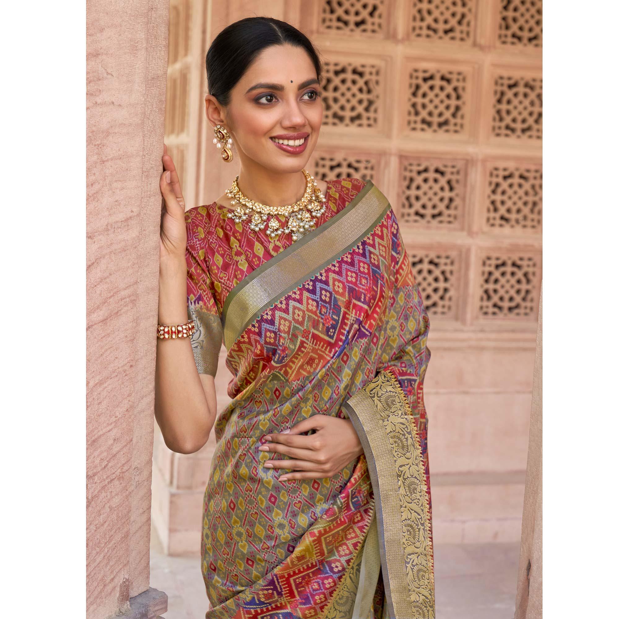 Grey Festive Wear Digital Printed Soft Silk Saree With Viscose Zari Border - Peachmode